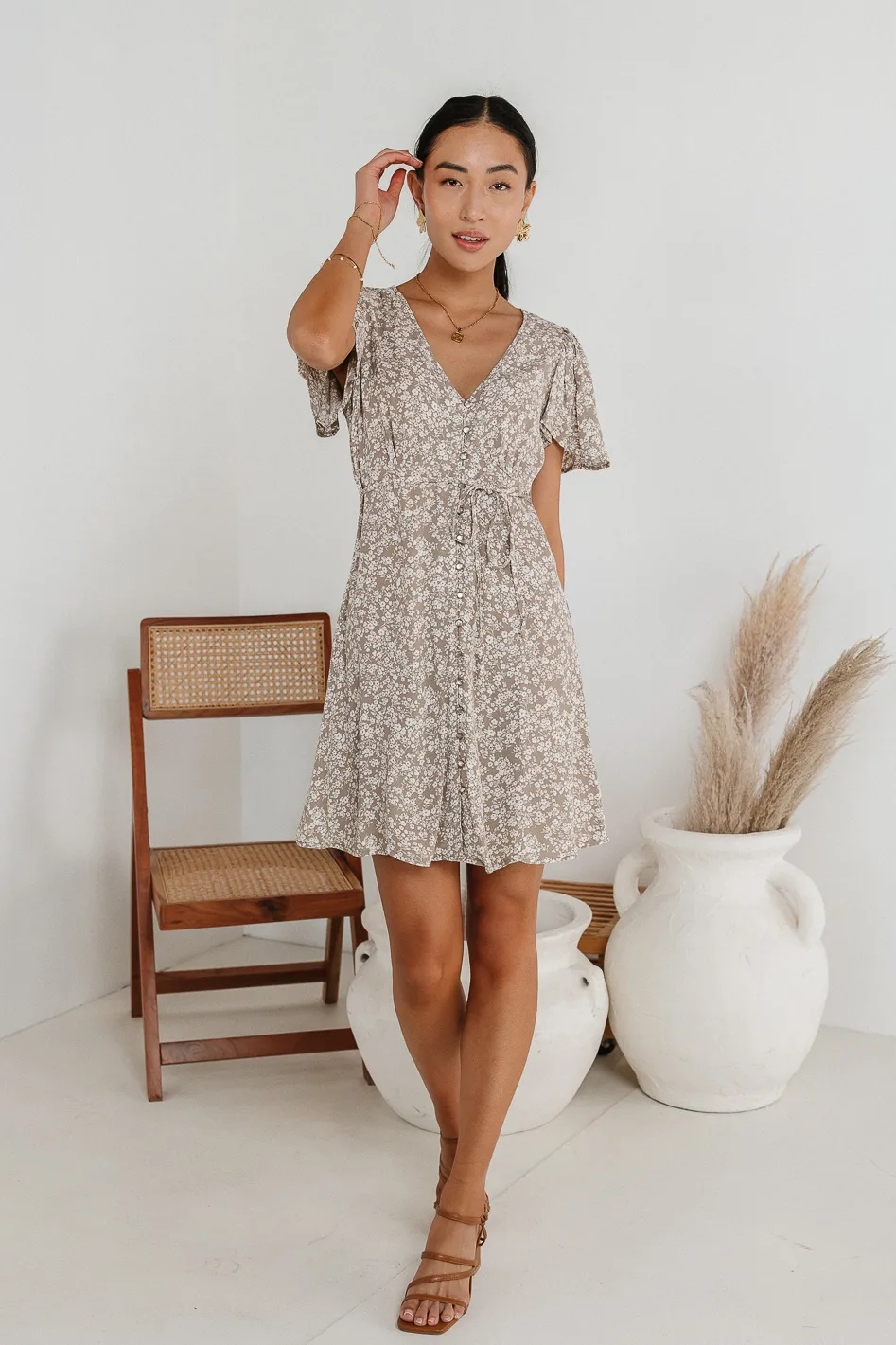 Abbie Floral Mini Dress in Taupe - FINAL SALE - Image 3
