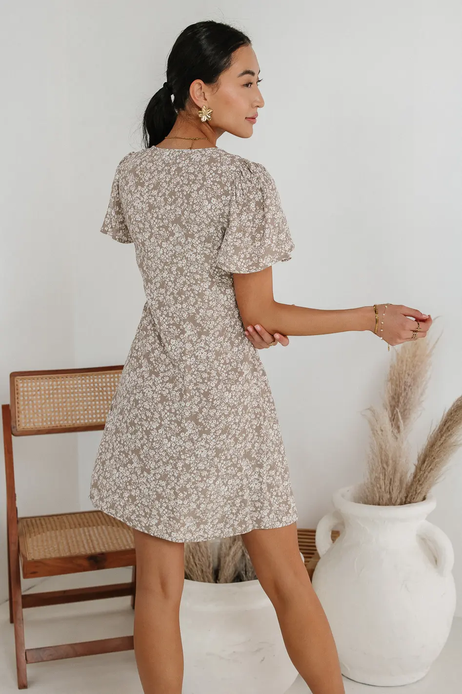 Abbie Floral Mini Dress in Taupe - FINAL SALE - Image 5