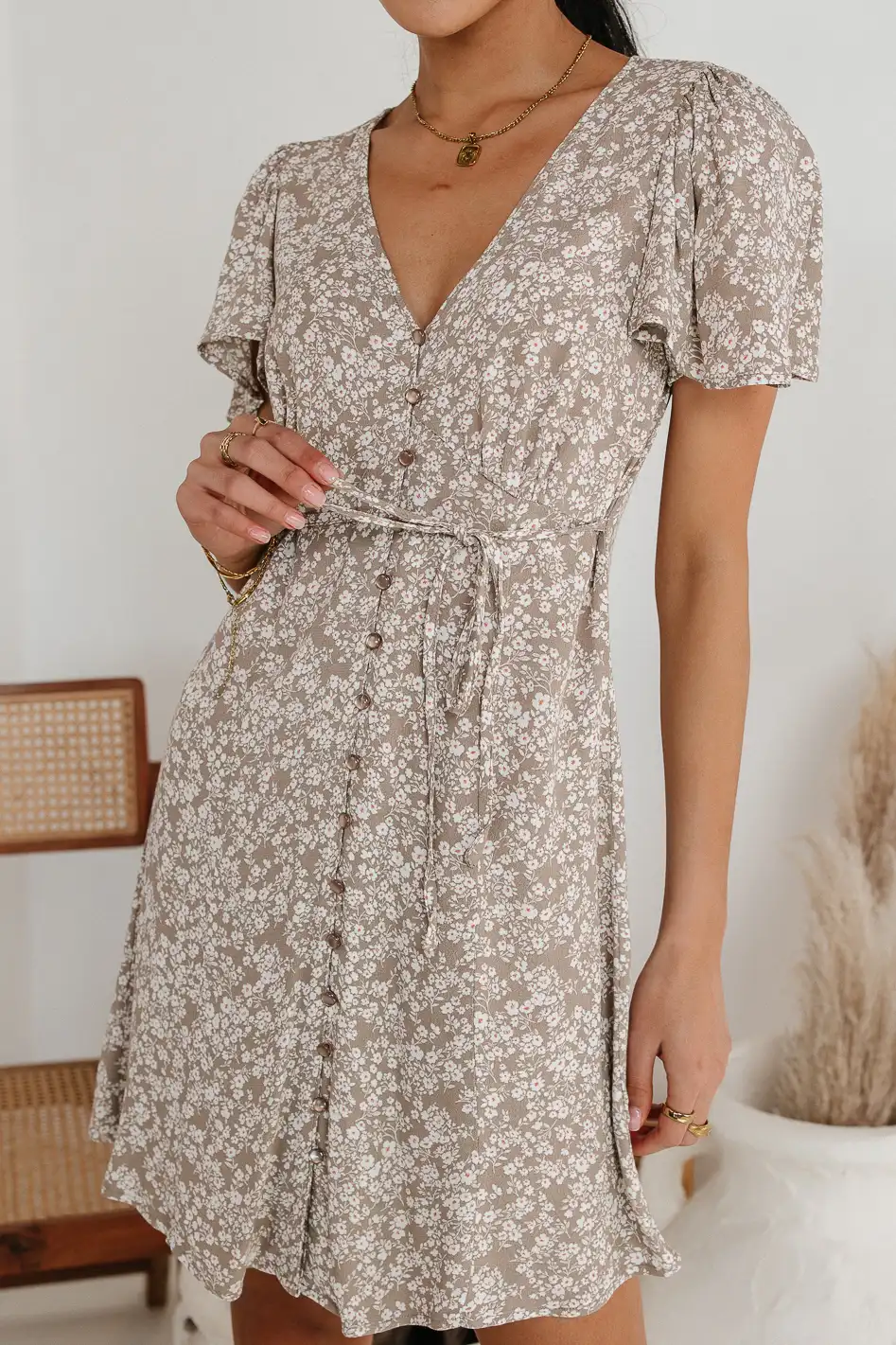 Abbie Floral Mini Dress in Taupe - FINAL SALE - Image 6