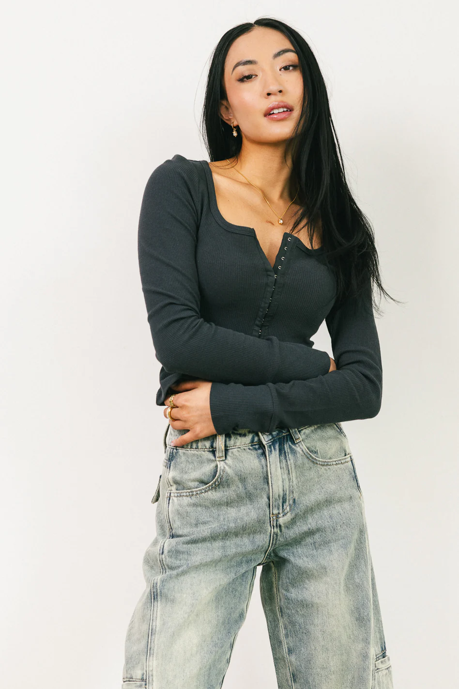 Abigail Waffle Knit Top in Charcoal - FINAL SALE - Image 3