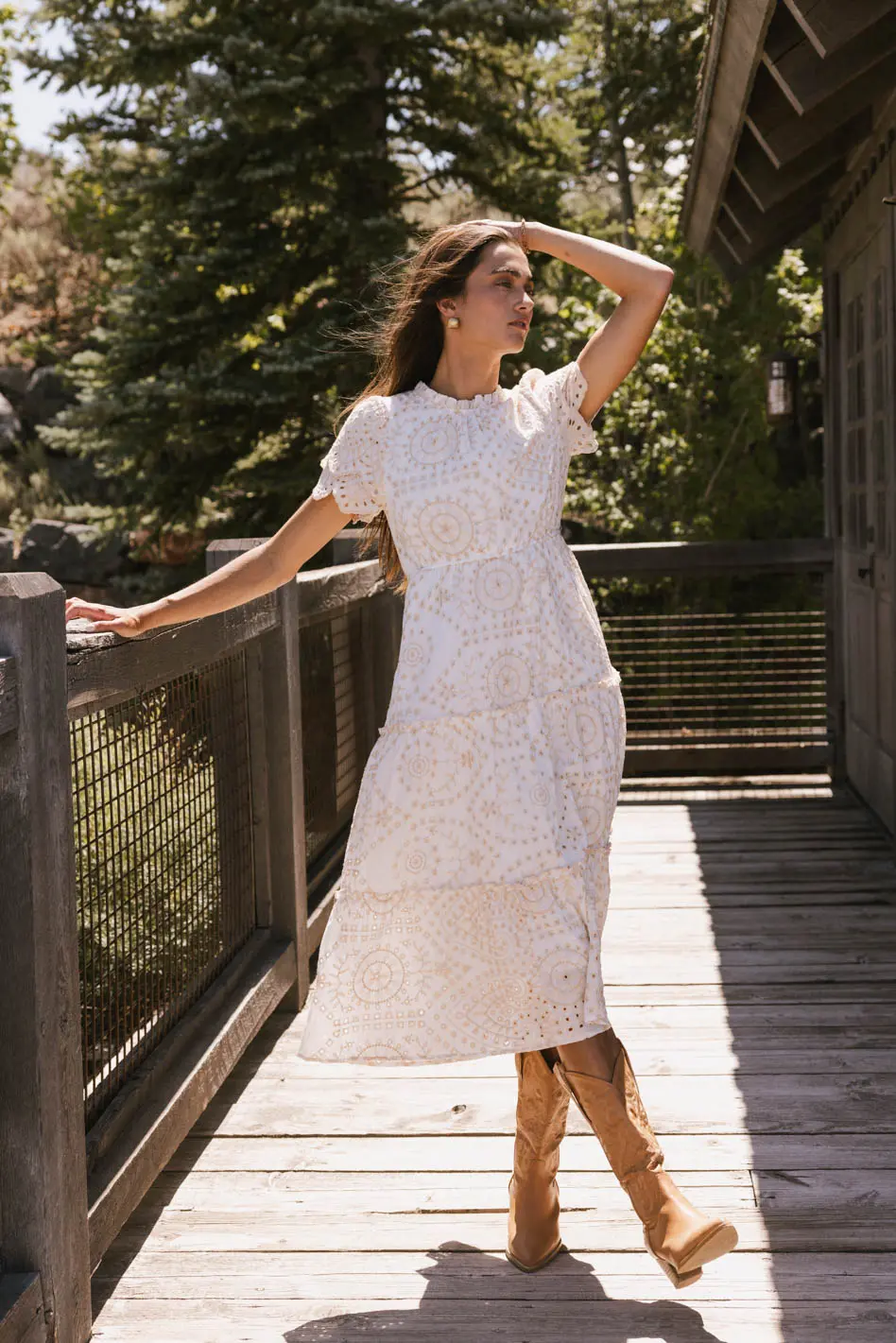 Alena Eyelet Lace Dress in Beige - Image 3
