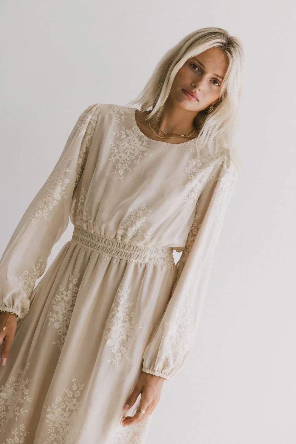 Andee Embroidered Midi Dress in Champagne - FINAL SALE - Image 4