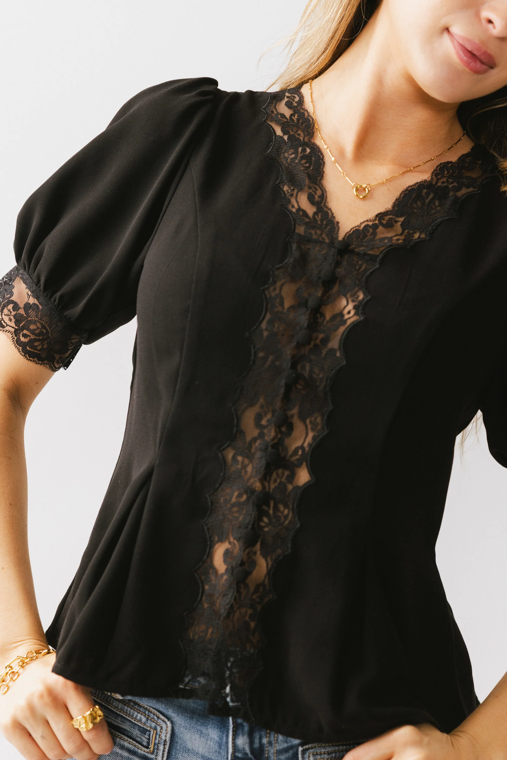 Angie Lace Trim Blouse in Black - FINAL SALE - Image 2