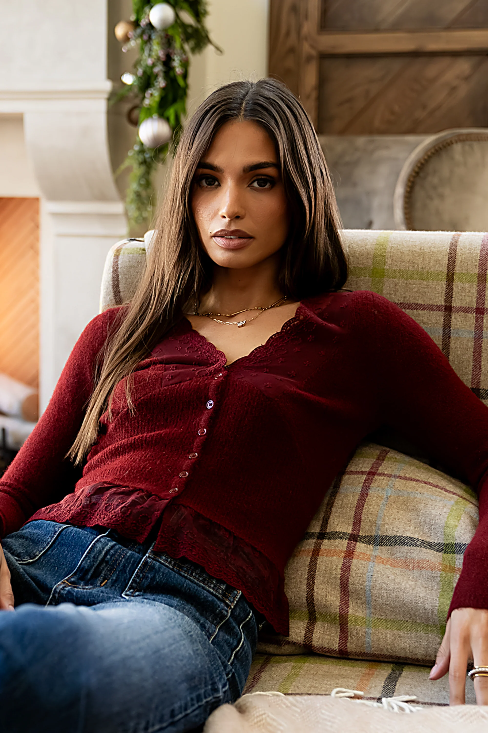 Angie Lace Trim Sweater in Red - FINAL SALE - Image 3