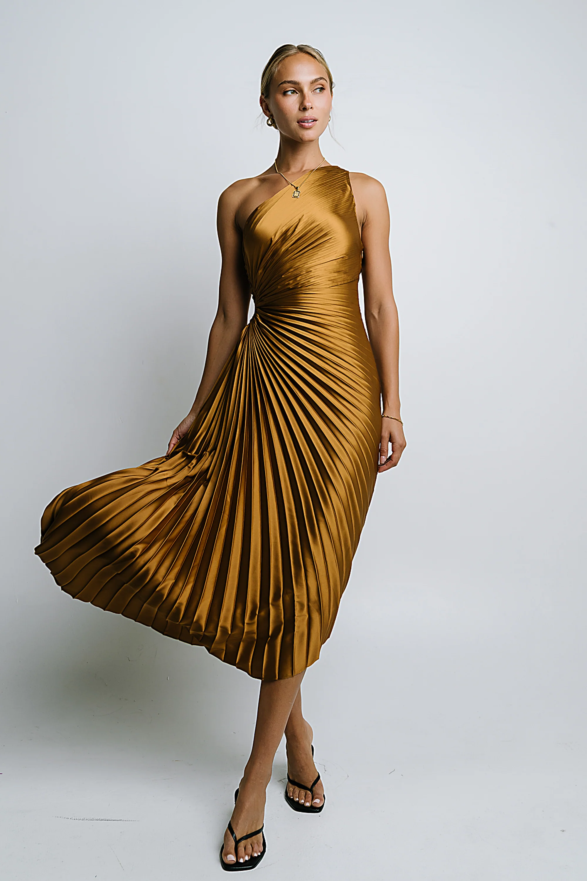 Asymmetrical Pleated Maxi Dress in Gold - Image 5