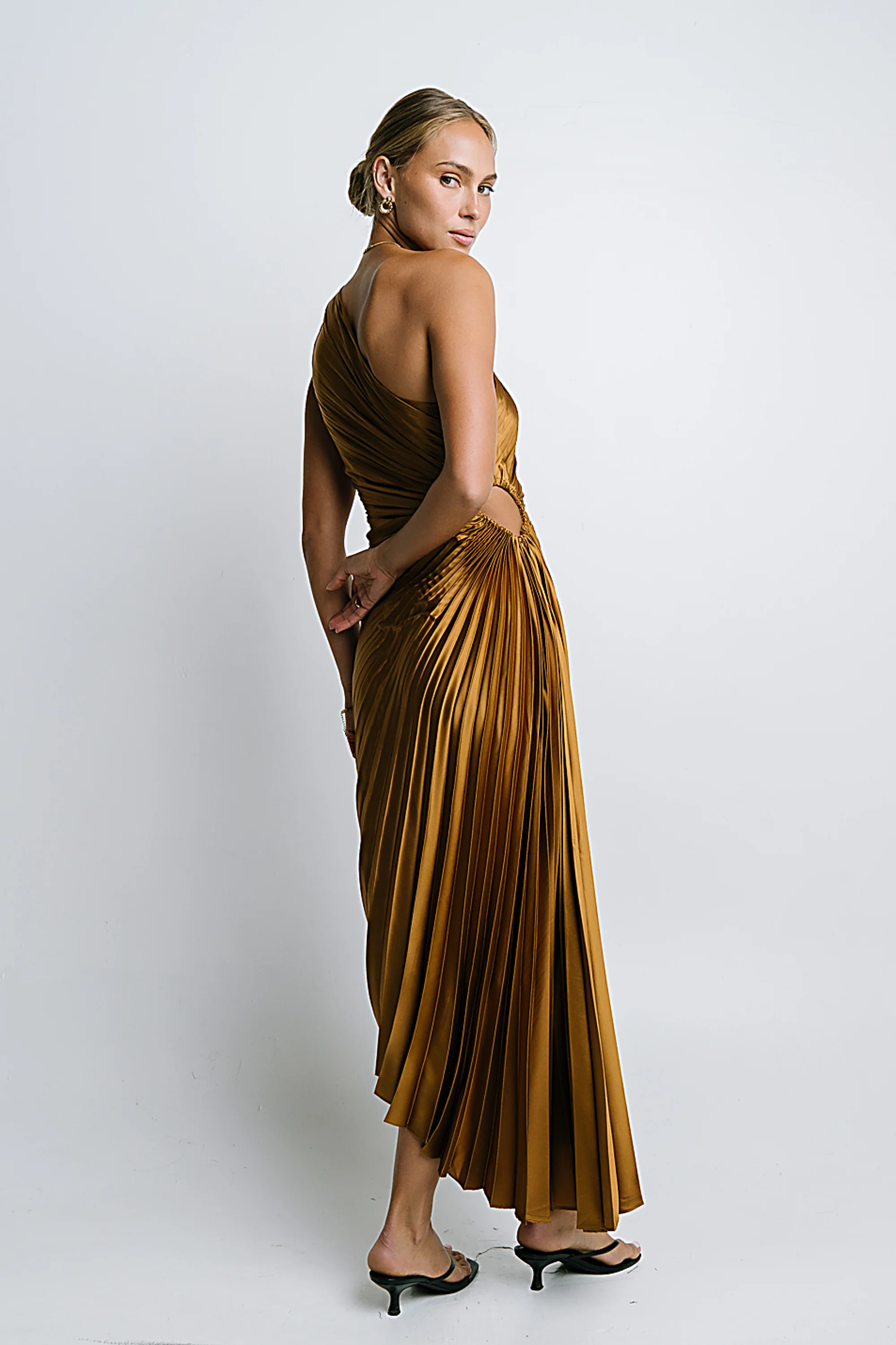 Asymmetrical Pleated Maxi Dress in Gold - Image 6