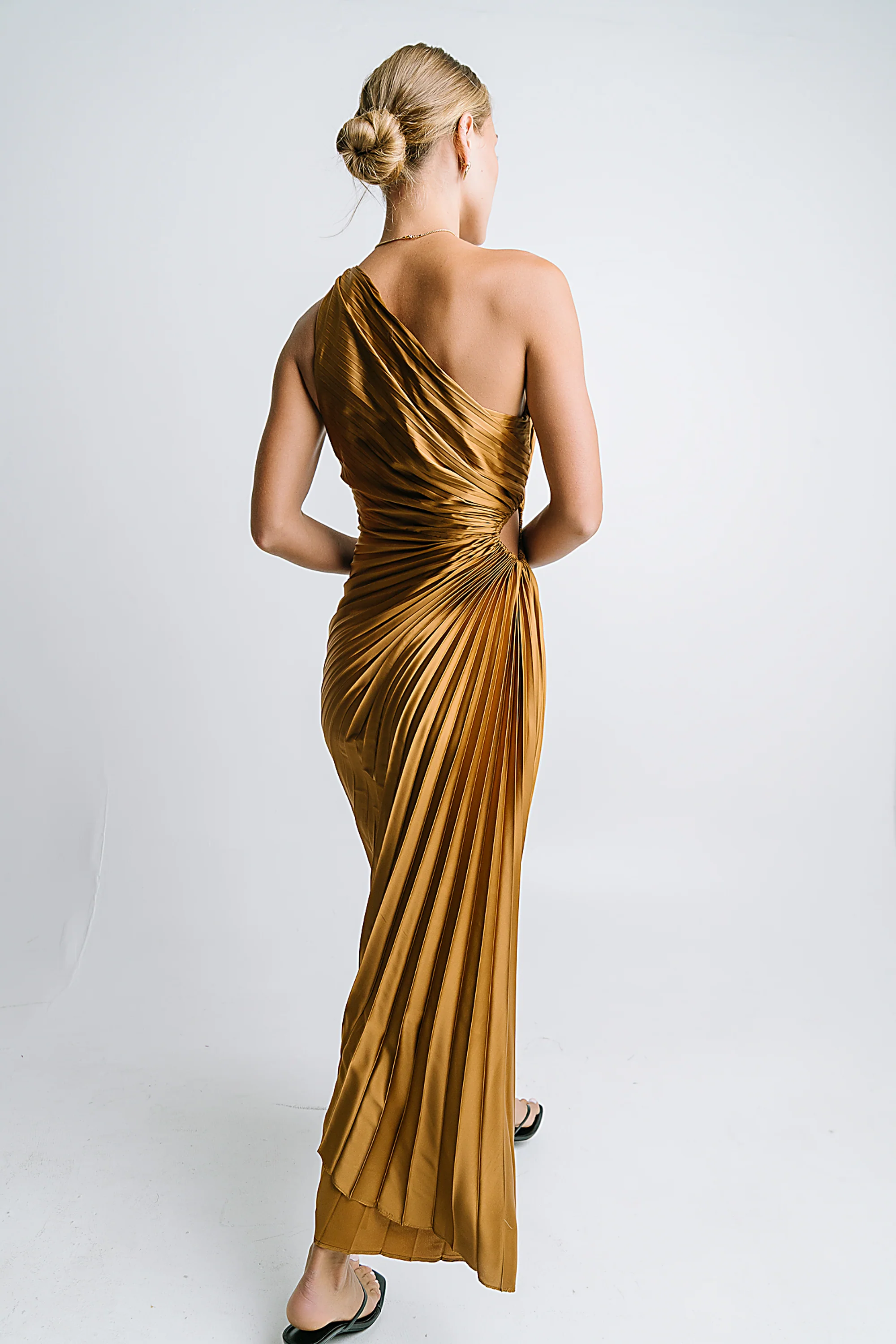 Asymmetrical Pleated Maxi Dress in Gold - Image 8
