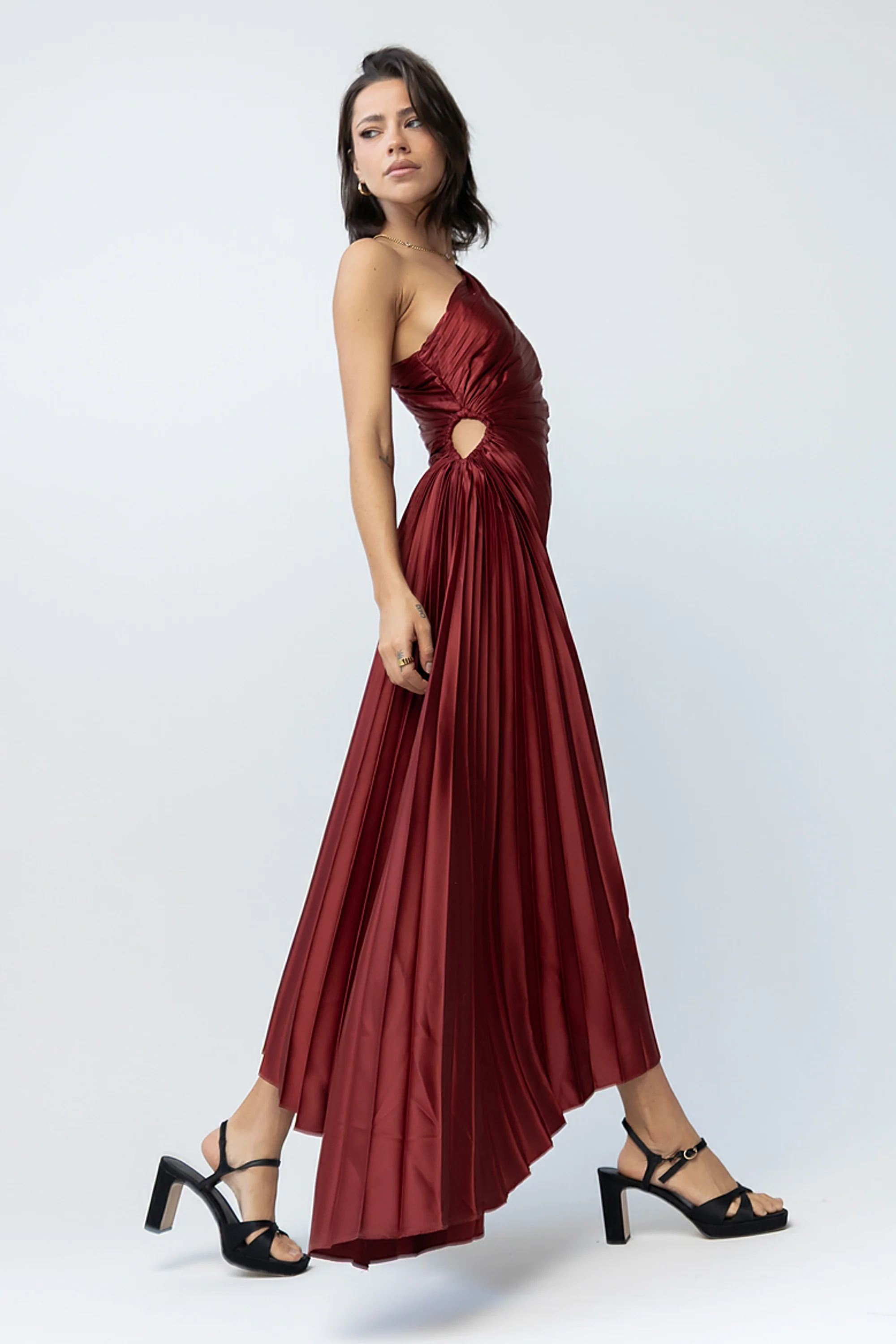 Asymmetrical Pleated Maxi Dress in Wine - Image 2