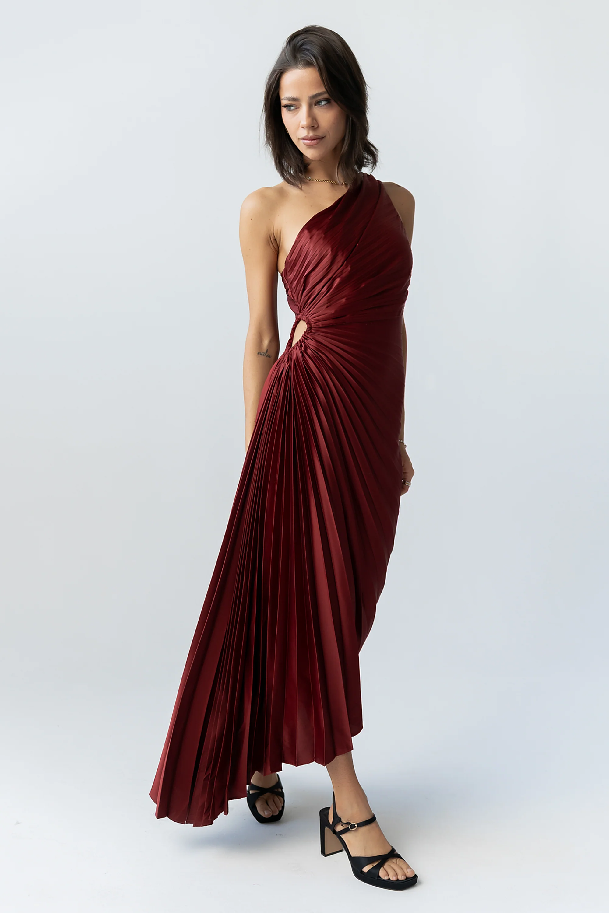 Asymmetrical Pleated Maxi Dress in Wine - Image 4