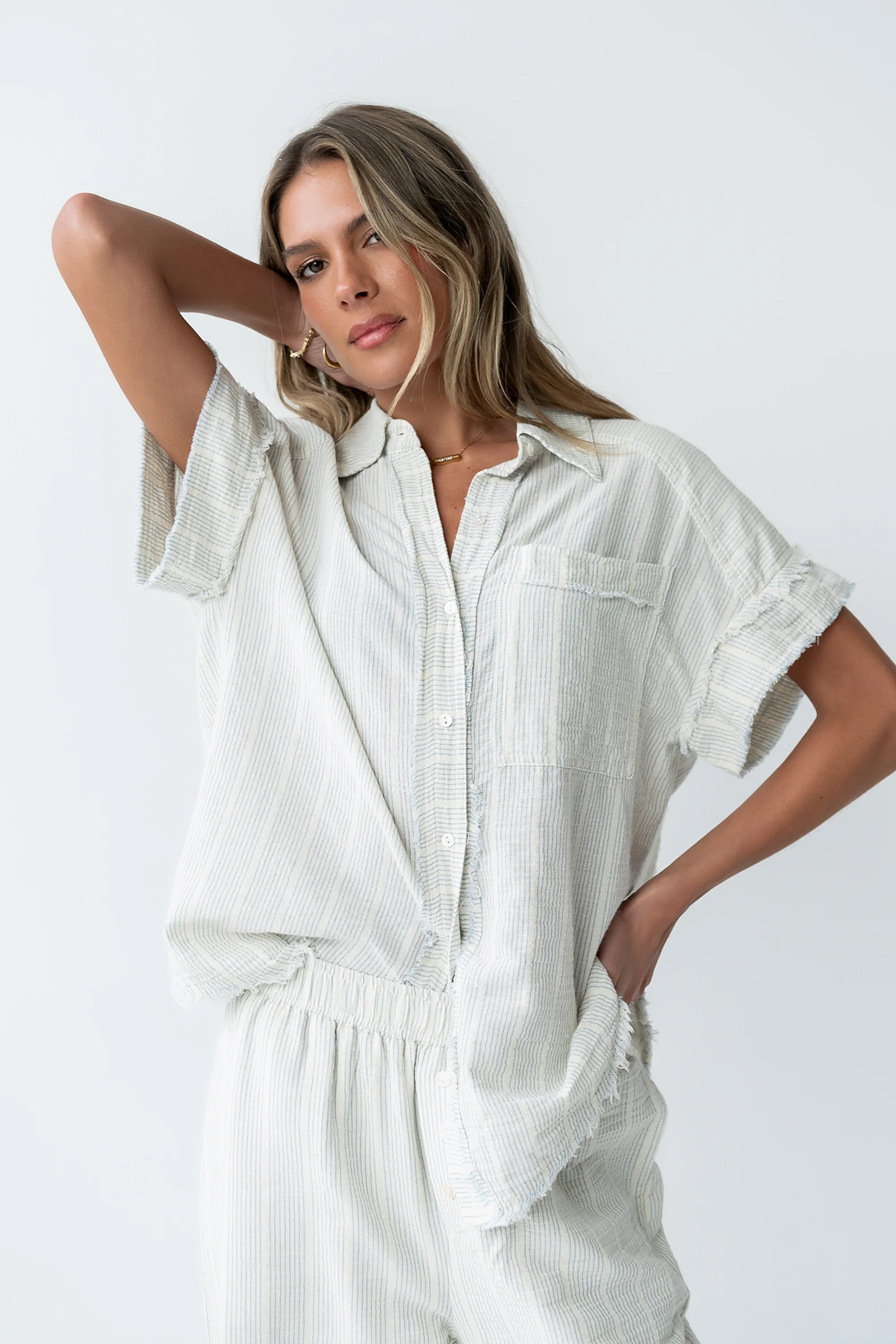 Belen Striped Button Up in Denim Blue - FINAL SALE - Image 3