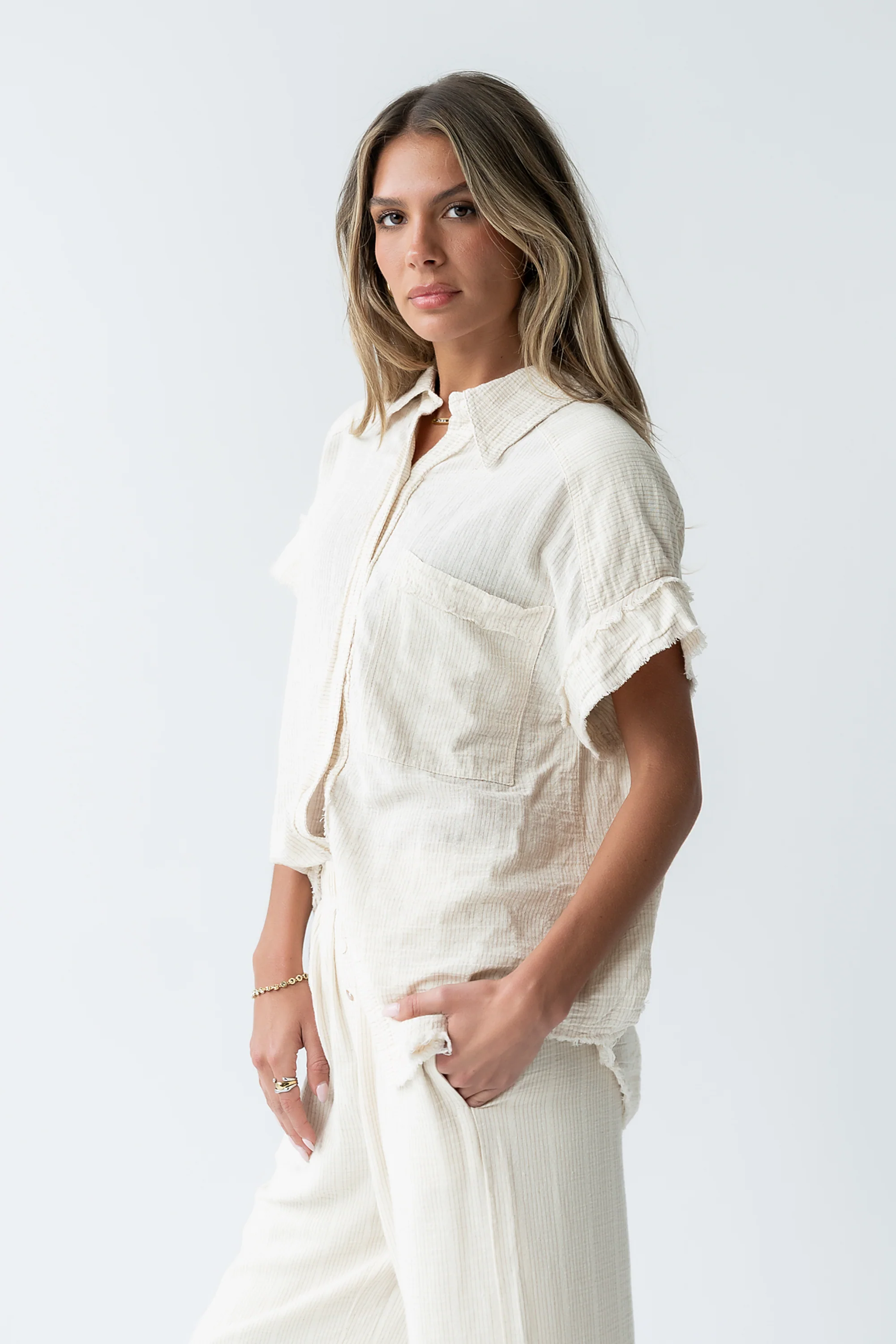 Belen Striped Button Up in Taupe - FINAL SALE - Image 3