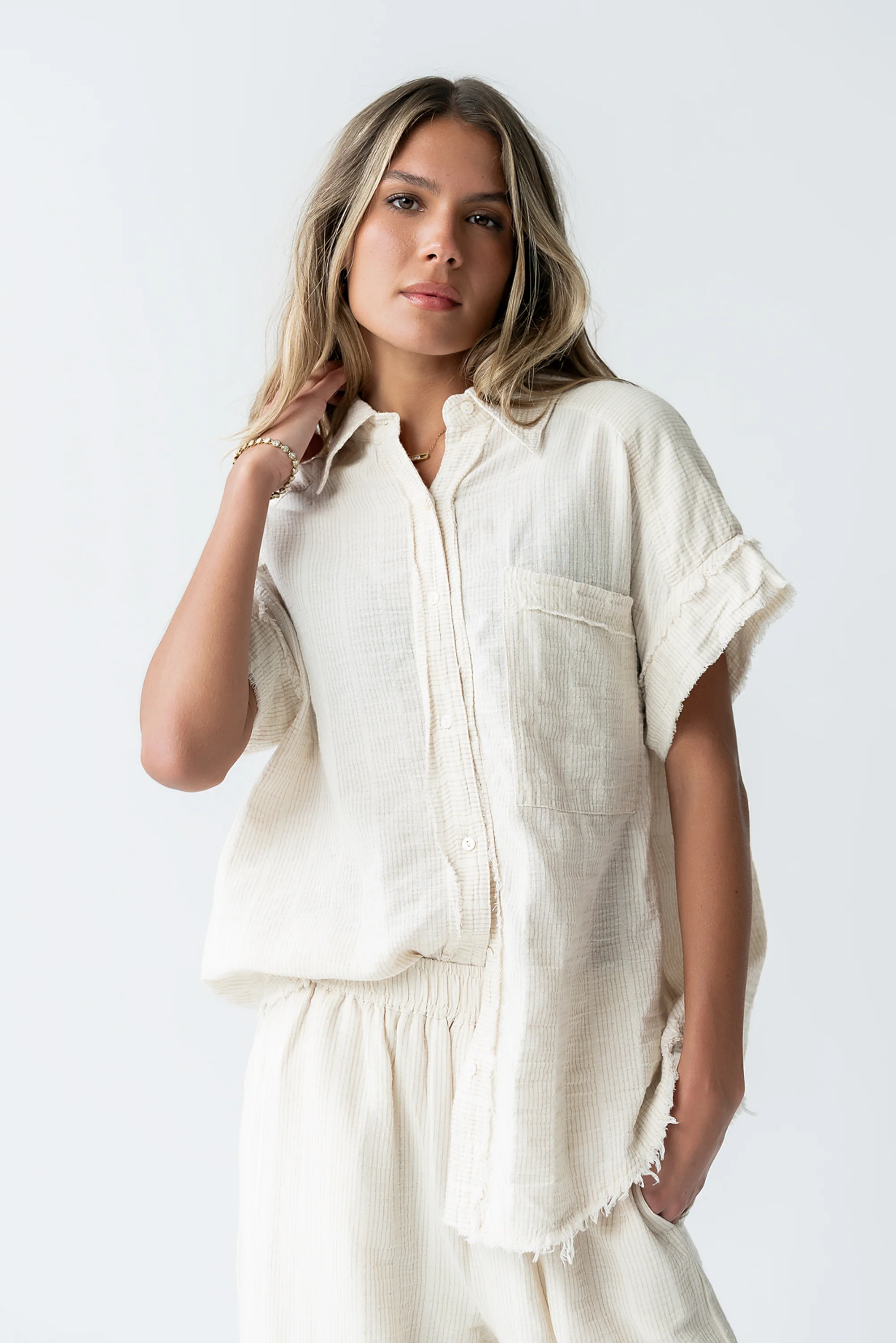 Belen Striped Button Up in Taupe - FINAL SALE - Image 5