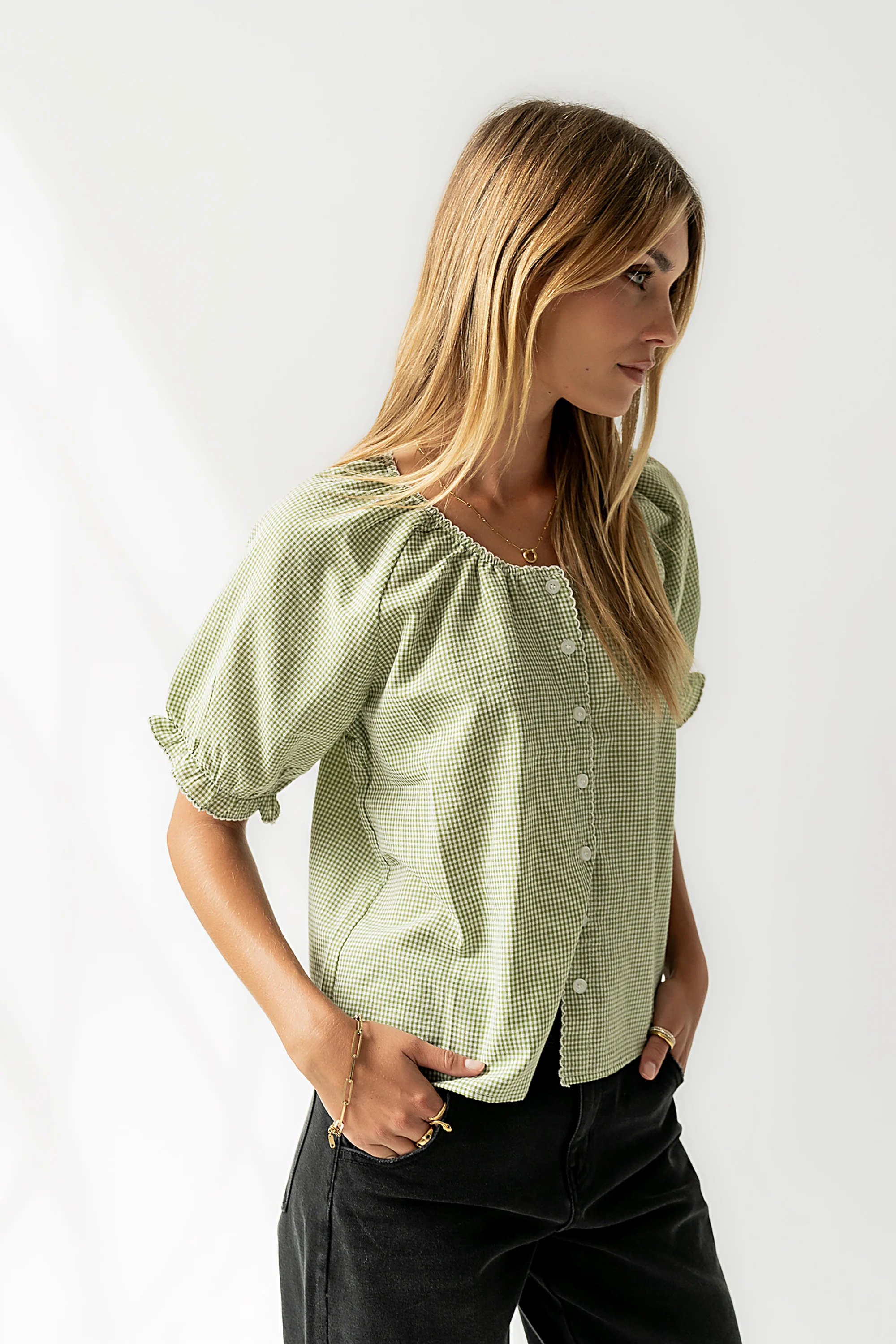 Benny Gingham Blouse in Green - Image 2