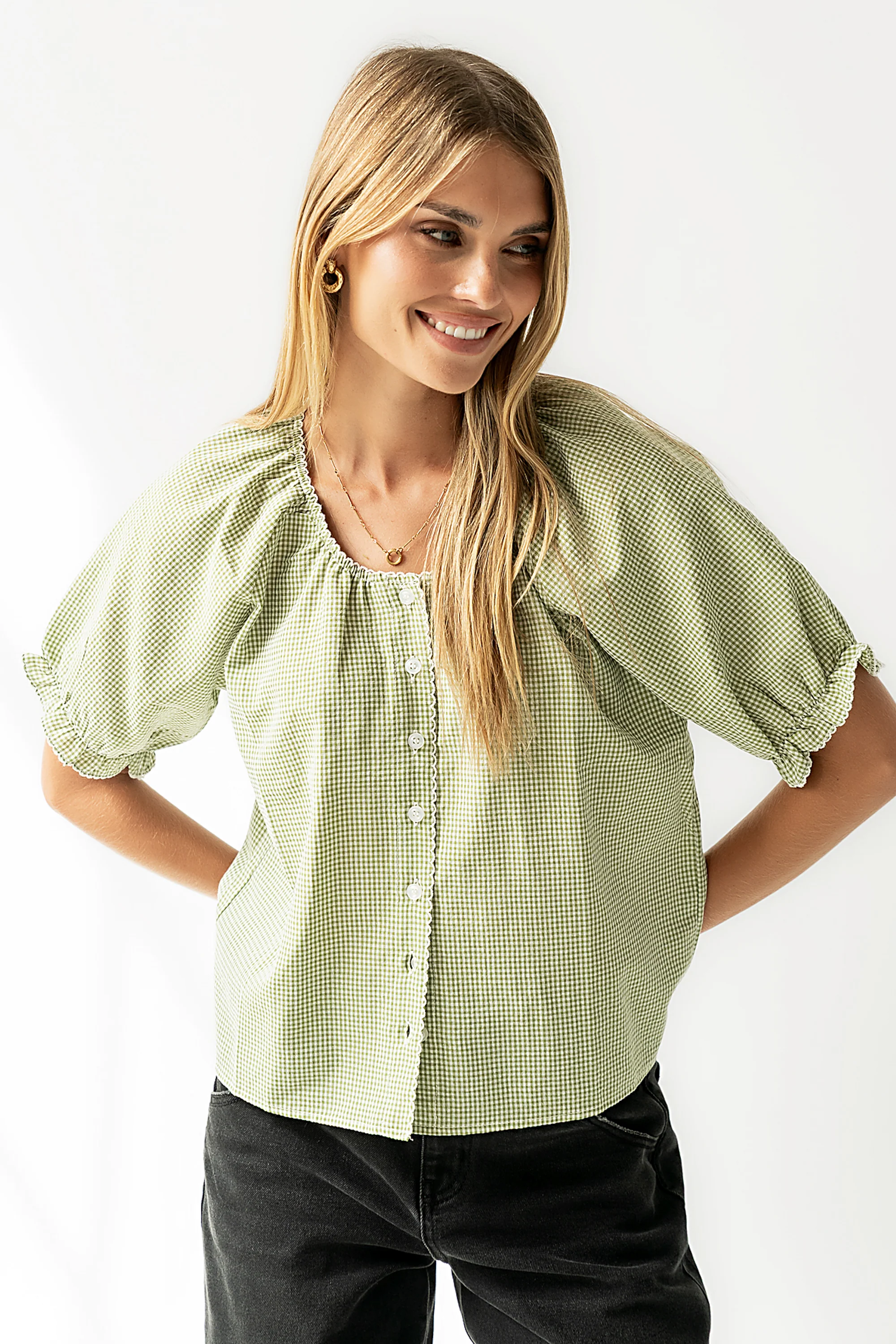 Benny Gingham Blouse in Green - Image 3