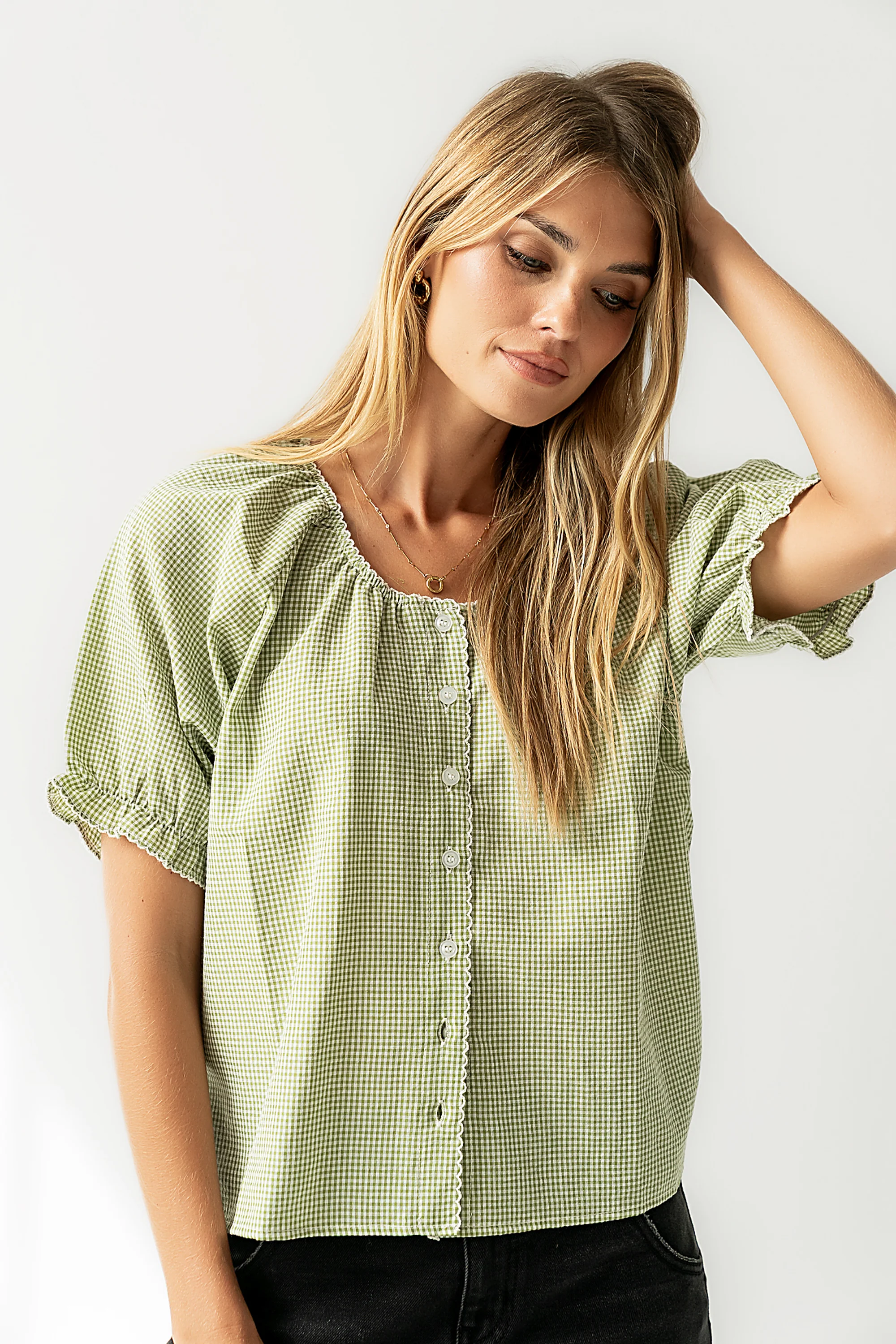 Benny Gingham Blouse in Green - Image 7