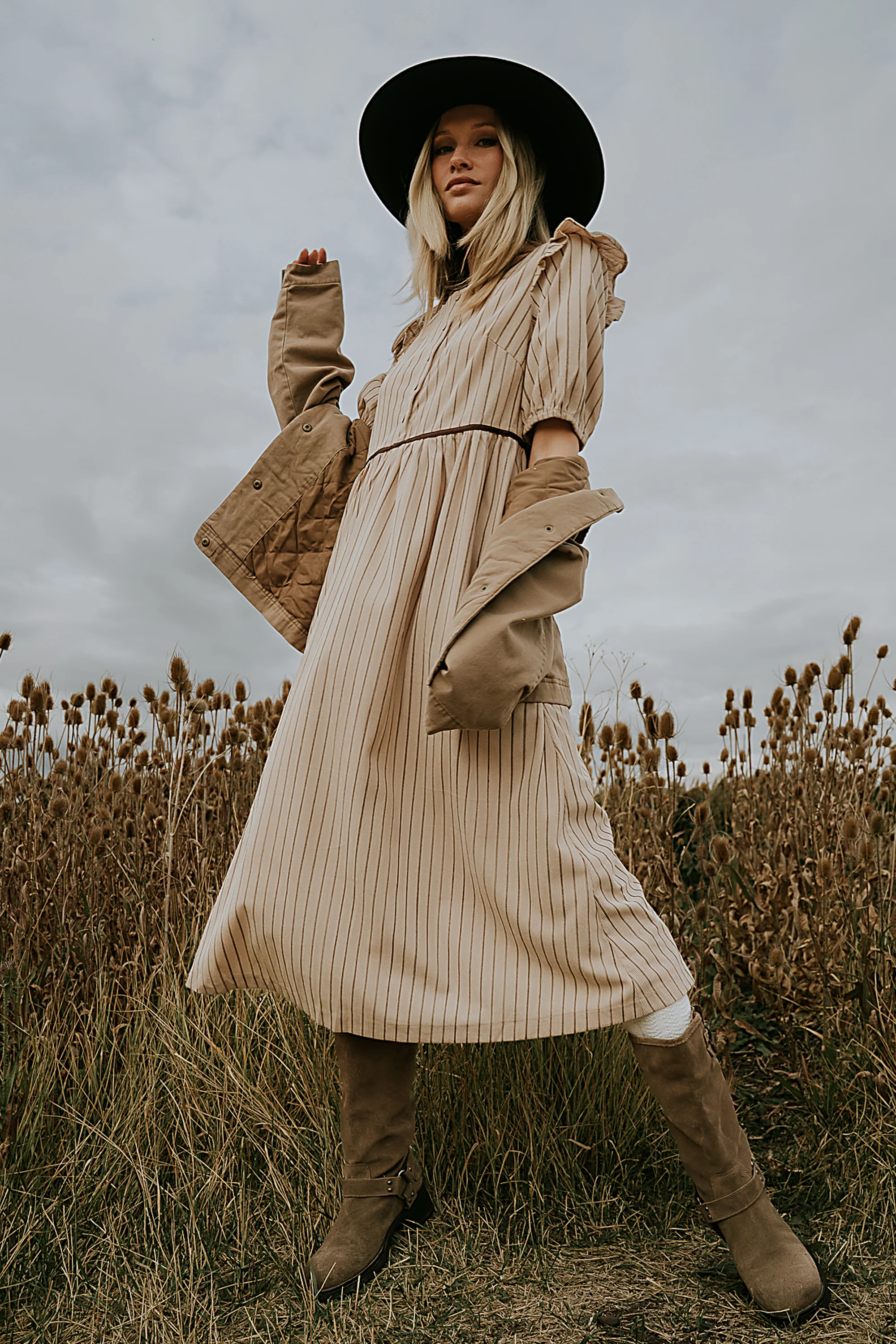 Berlin Corduroy Baby Doll Midi Dress in Taupe - FINAL SALE - Image 4