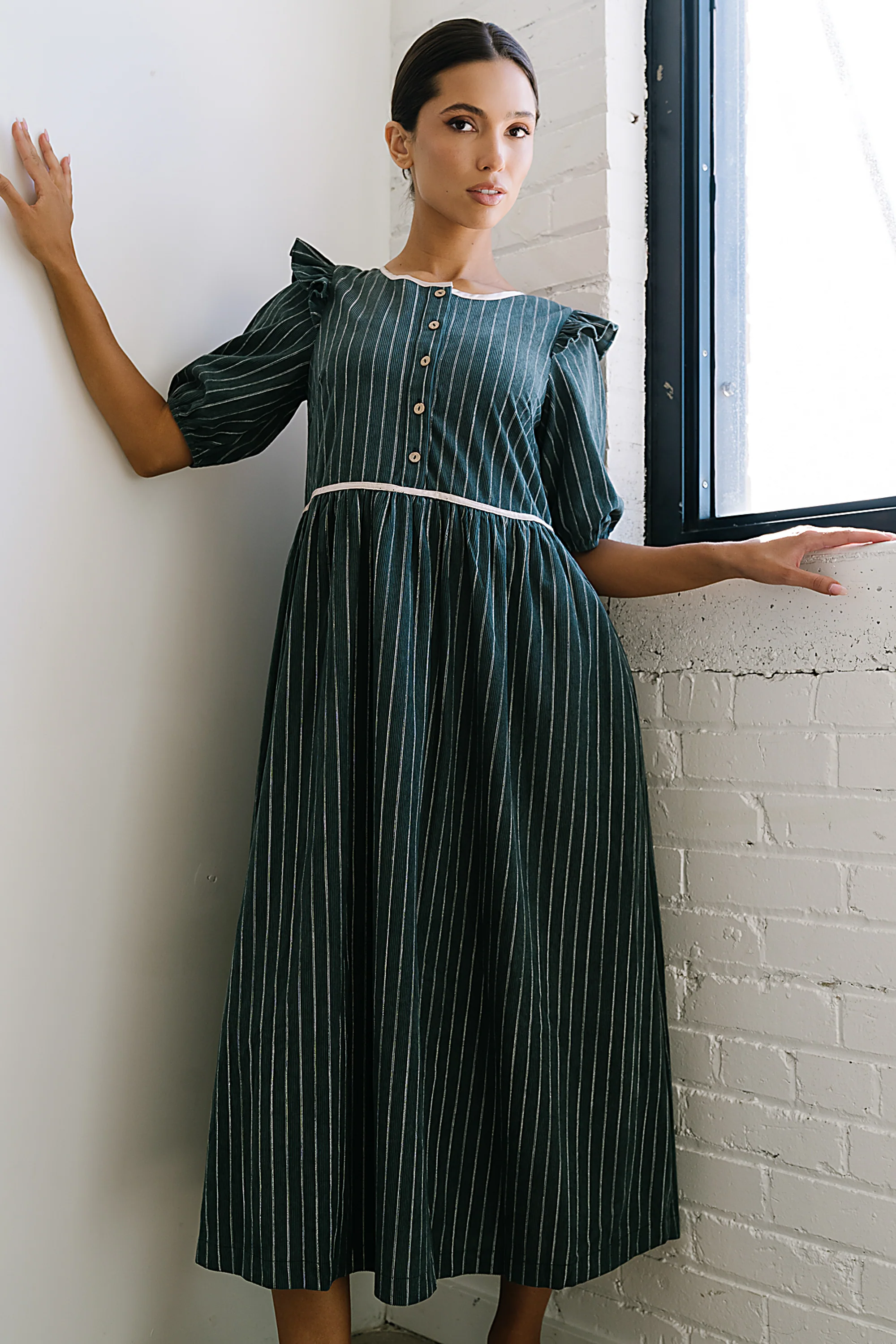 Berlin Corduroy Baby Doll Midi Dress in Green - FINAL SALE - Image 6