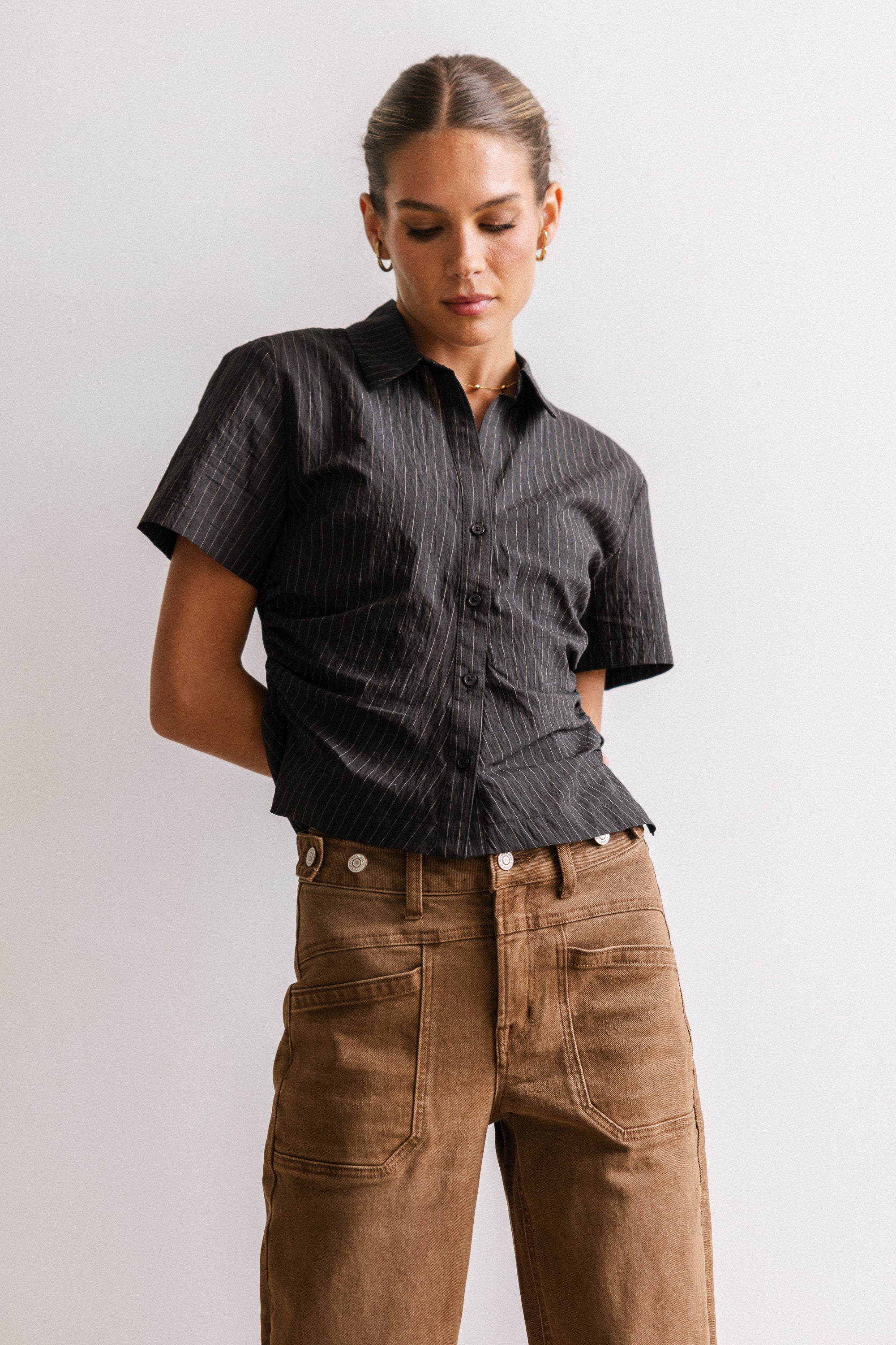 Brandy Ruched Button Up in Black - FINAL SALE - Image 4
