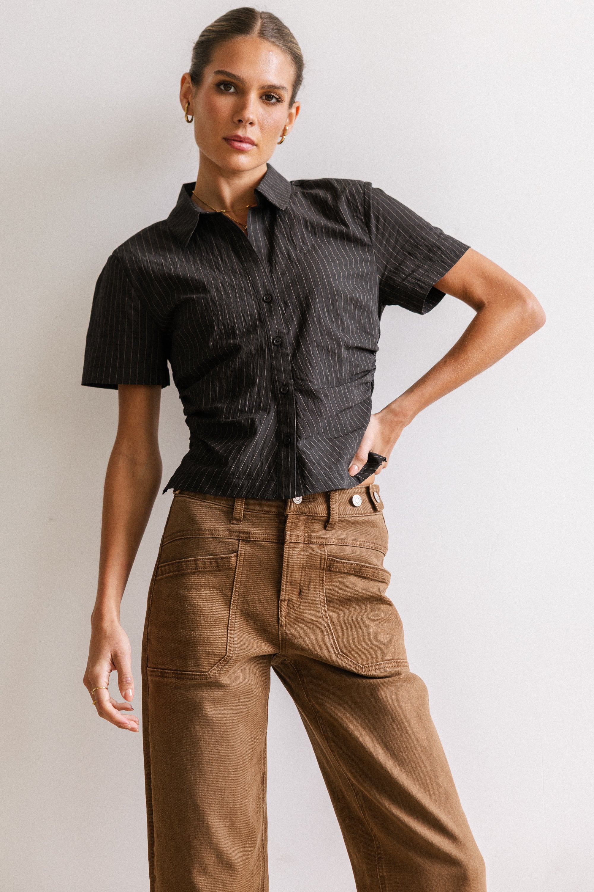 Brandy Ruched Button Up in Black - FINAL SALE - Image 5