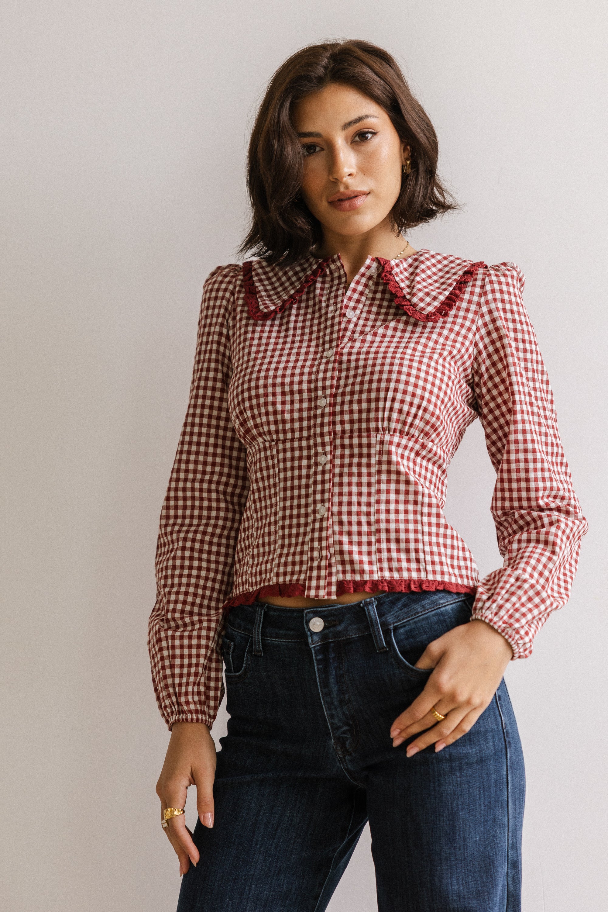 Brenna Gingham Blouse in Burgundy - FINAL SALE - Image 4