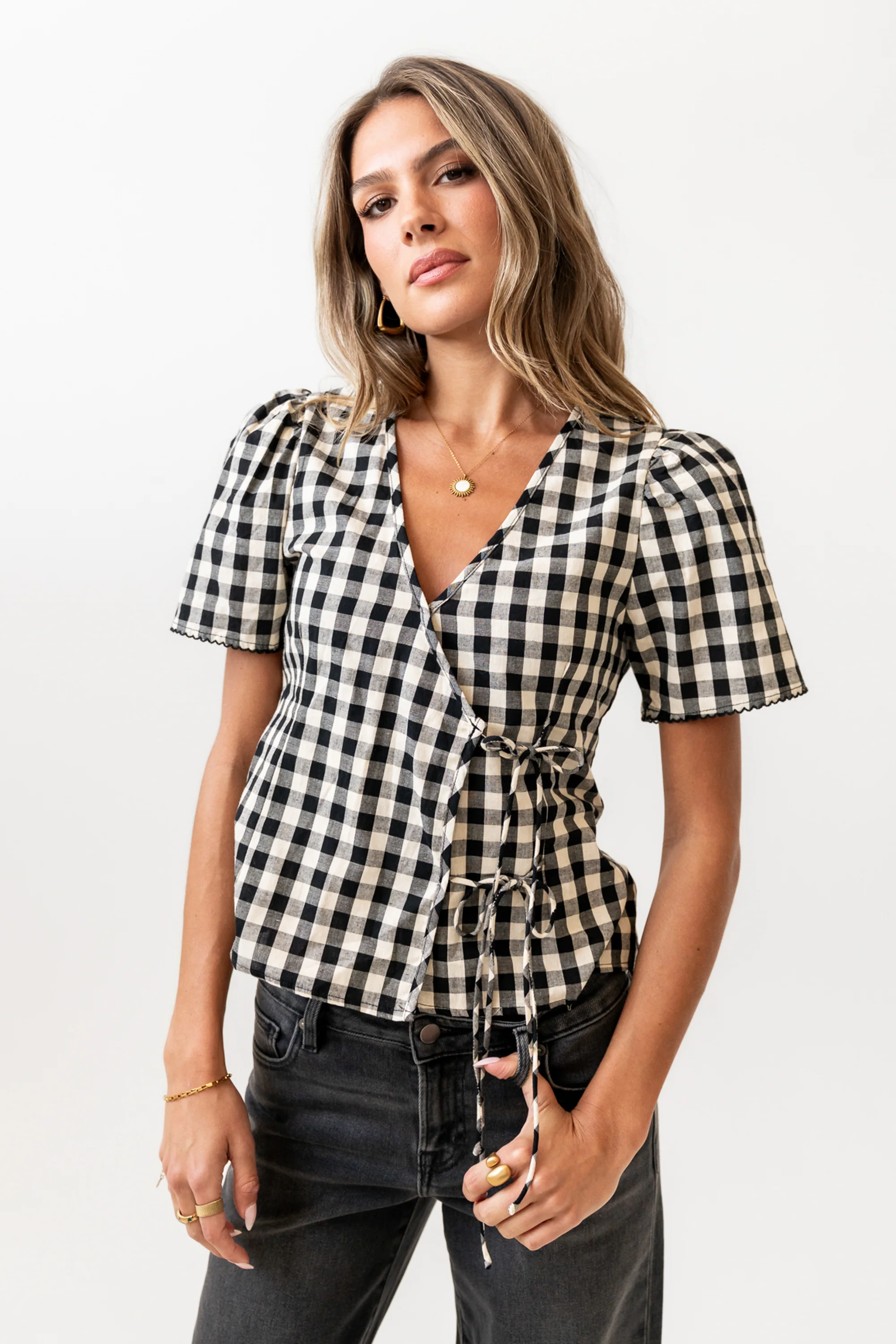 Callie Gingham Blouse in Black - Image 3