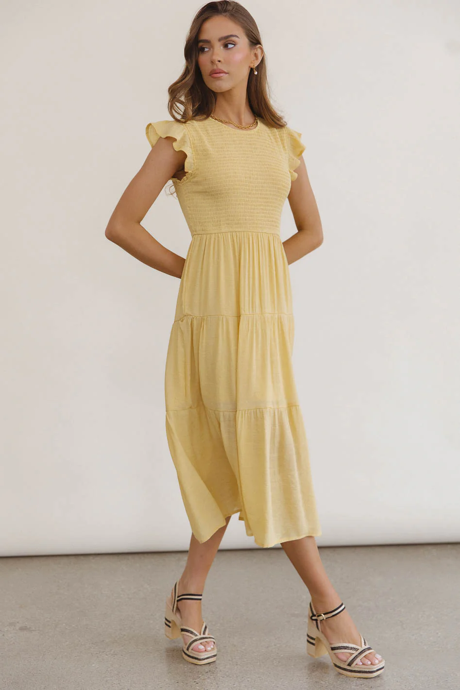 Cara Smocked Midi Dress in Yellow - FINAL SALE - Image 3