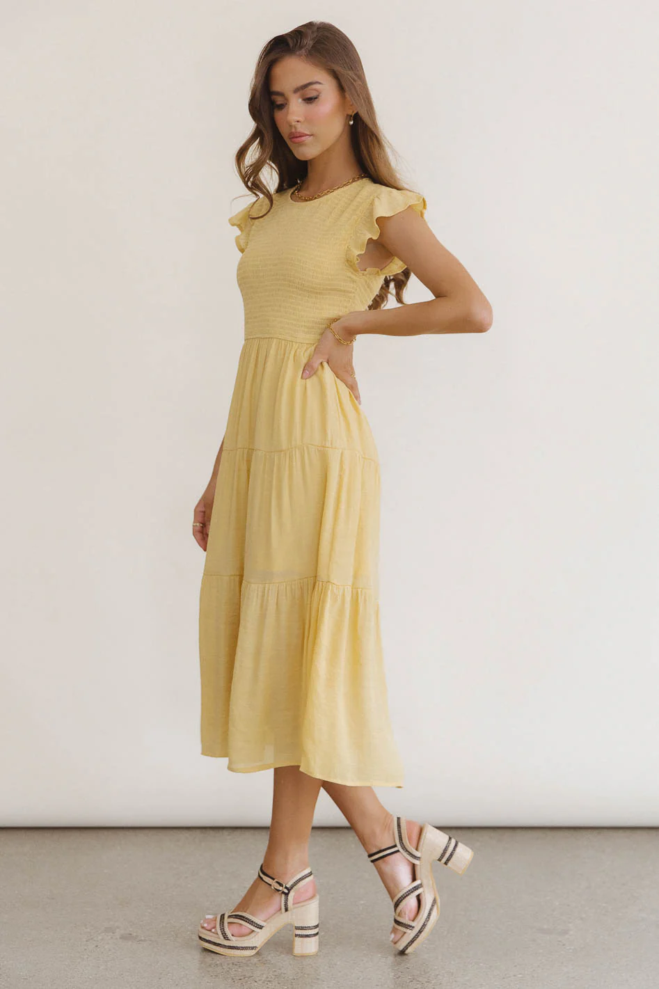 Cara Smocked Midi Dress in Yellow - FINAL SALE - Image 4