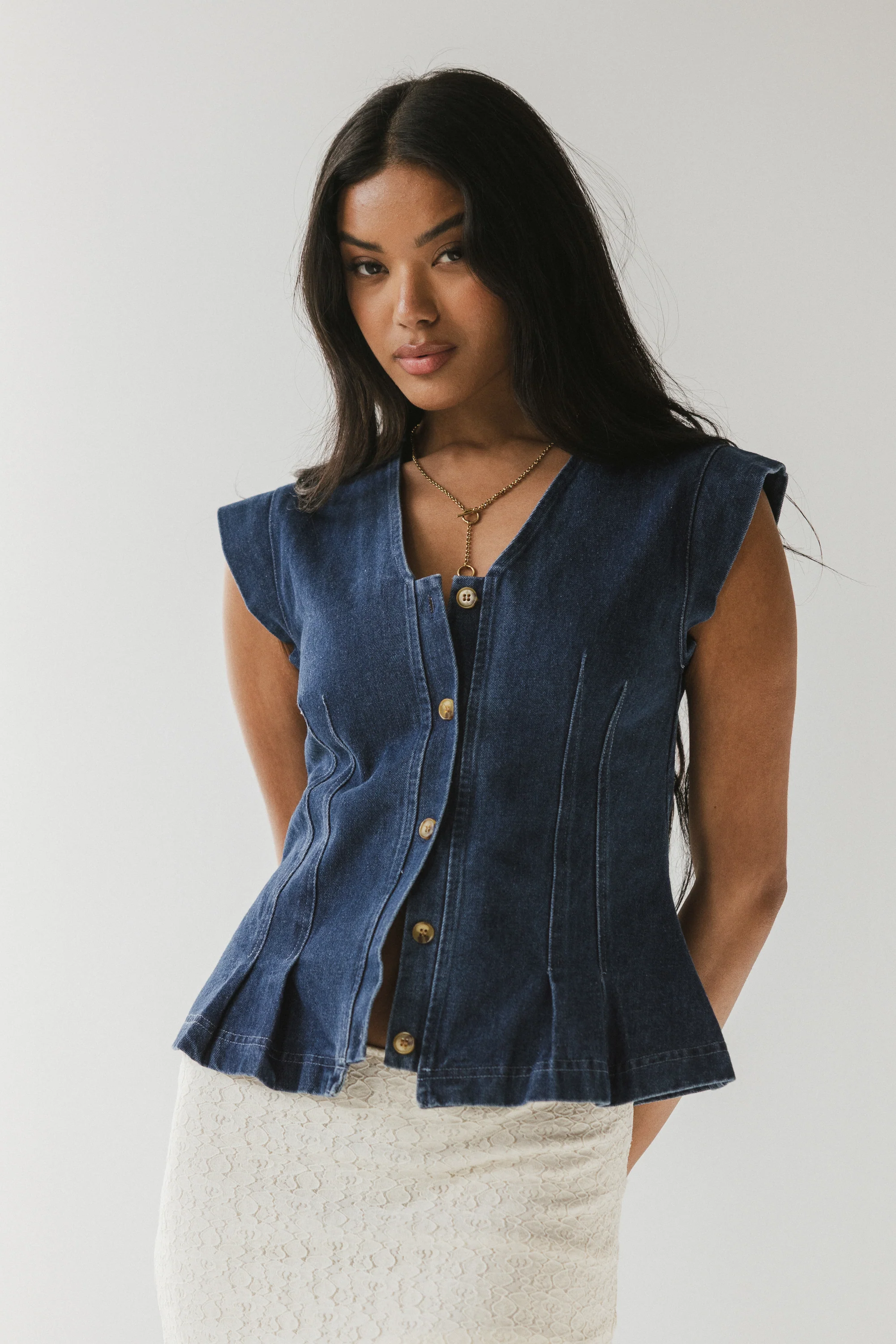 Cassie Pleated Blouse in Medium Wash - Image 2