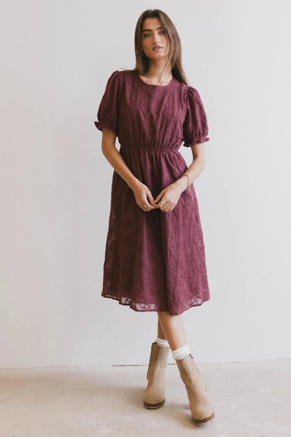 Cecy Embroidered Midi Dress in Burgundy - FINAL SALE - Image 3