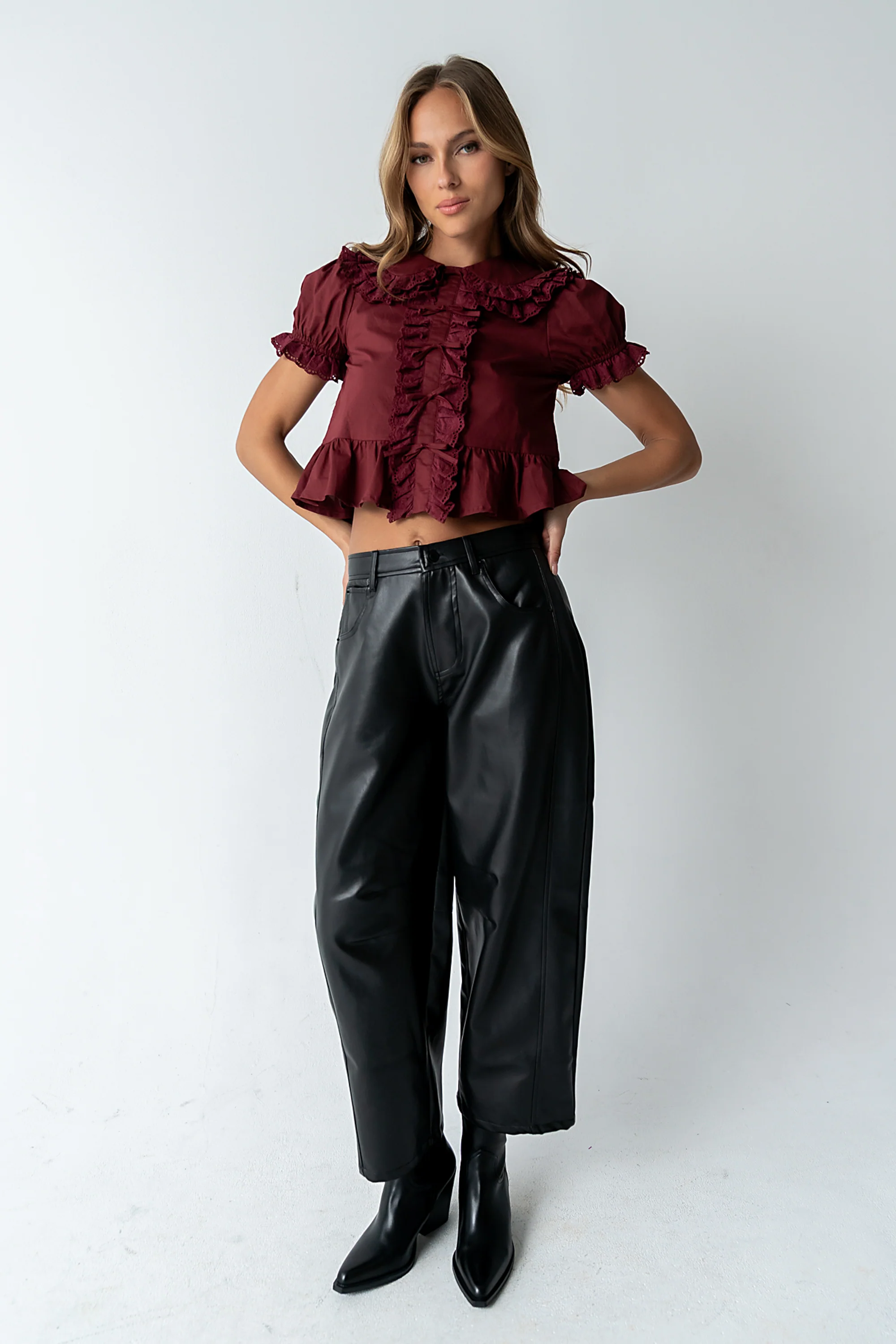 Chrissy Lace Trim Blouse in Burgundy - FINAL SALE - Image 3
