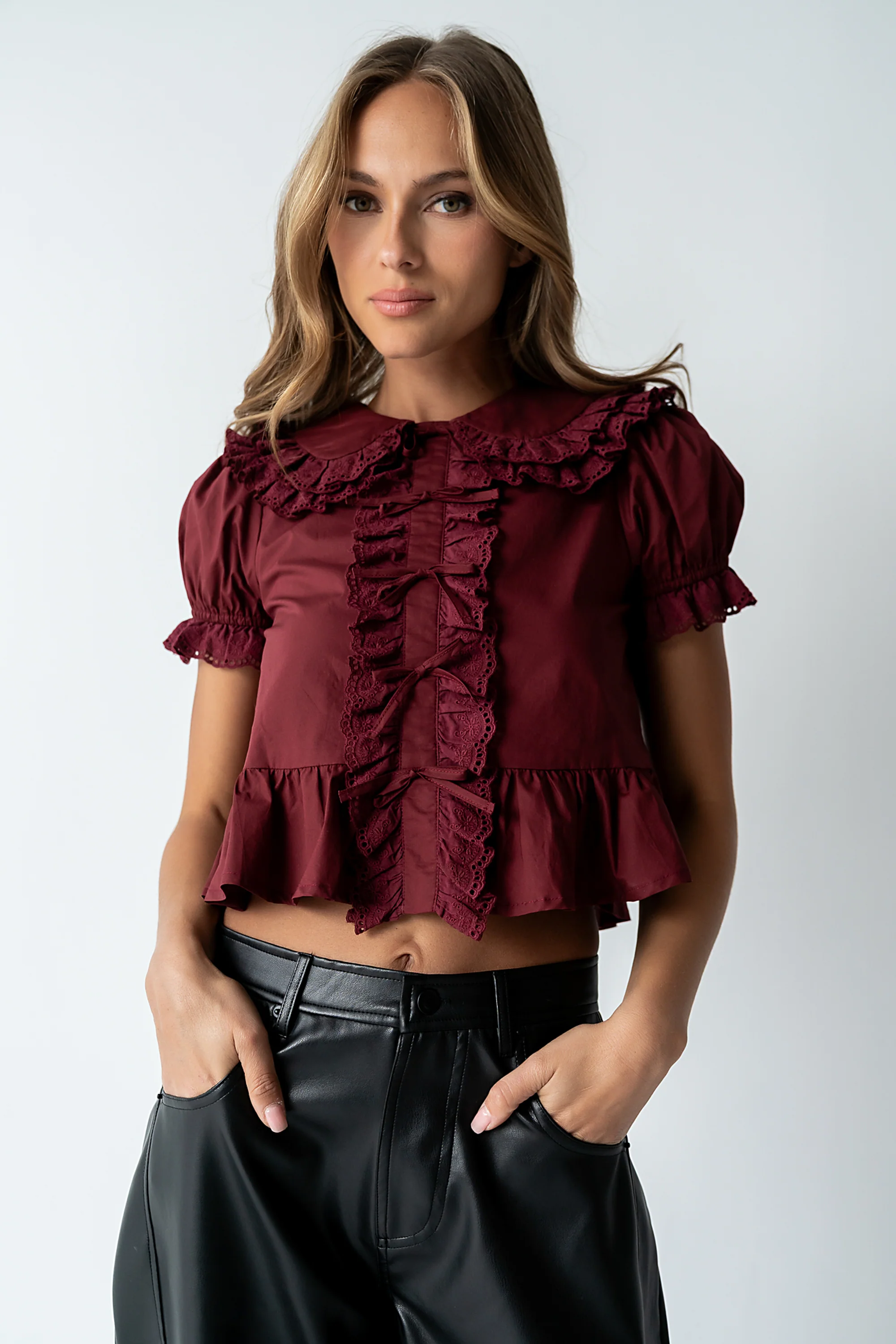 Chrissy Lace Trim Blouse in Burgundy - FINAL SALE - Image 4
