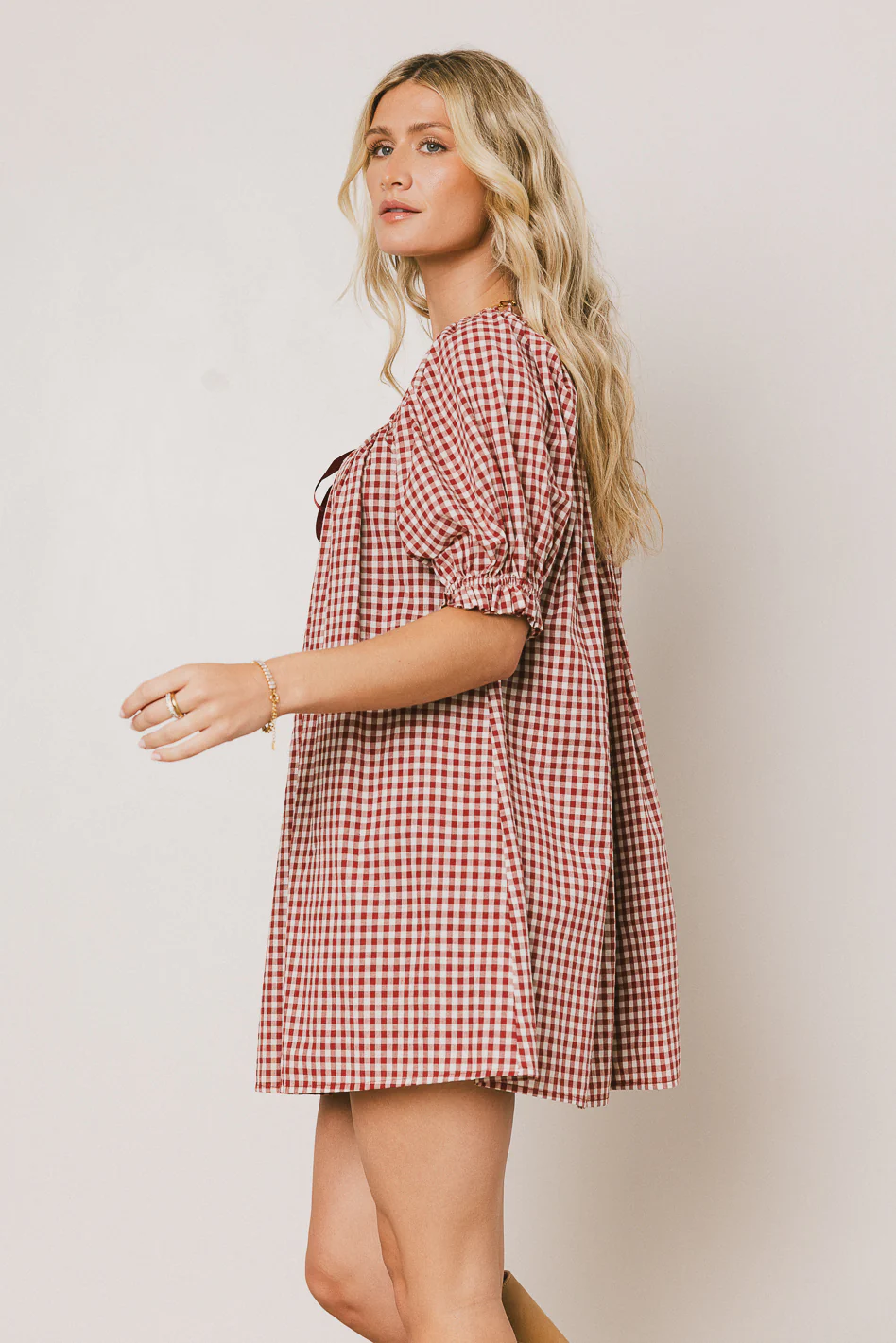 Cody Gingham Mini Dress in Burgundy - Image 4