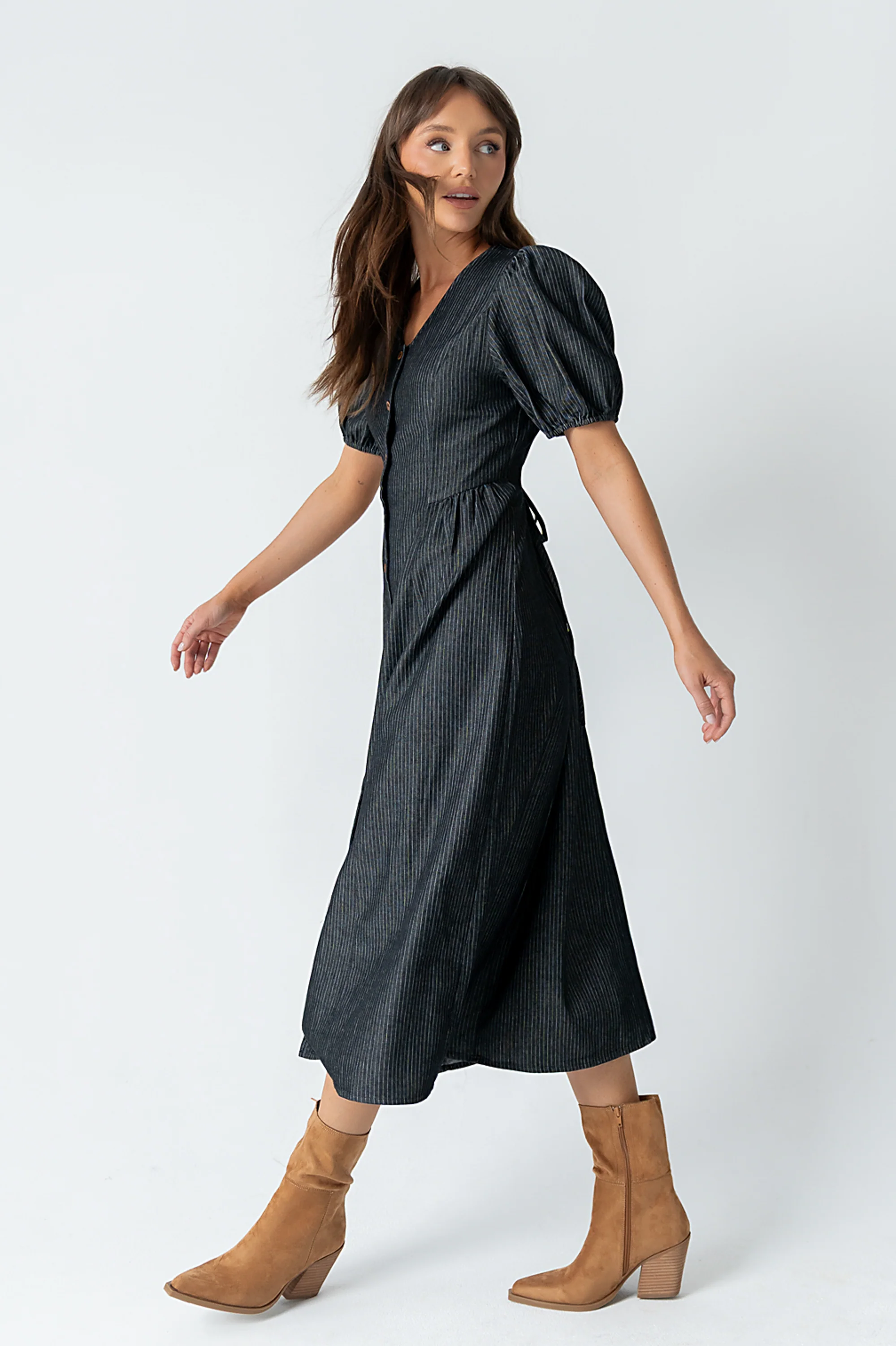 Conley Pinstripe Midi Dress in Black - Image 4