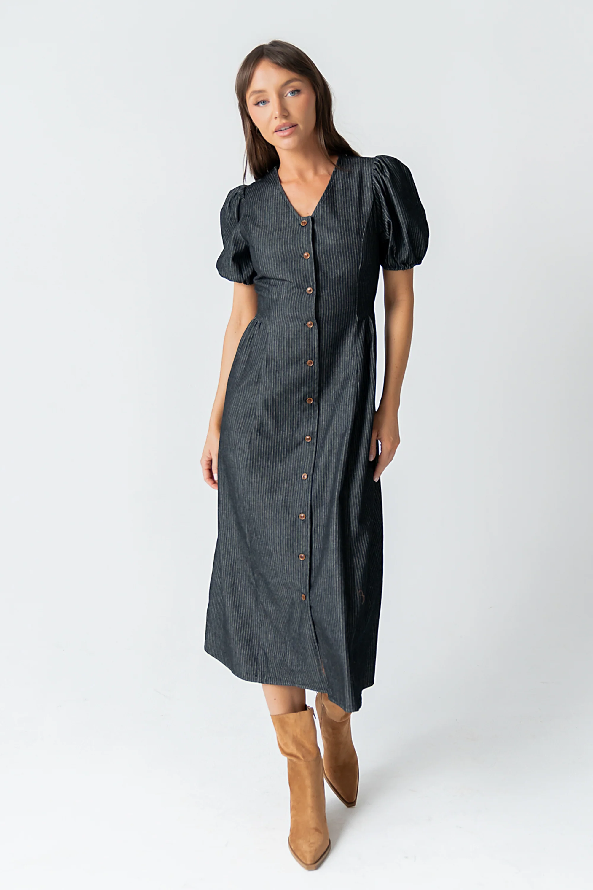 Conley Pinstripe Midi Dress in Black - Image 8