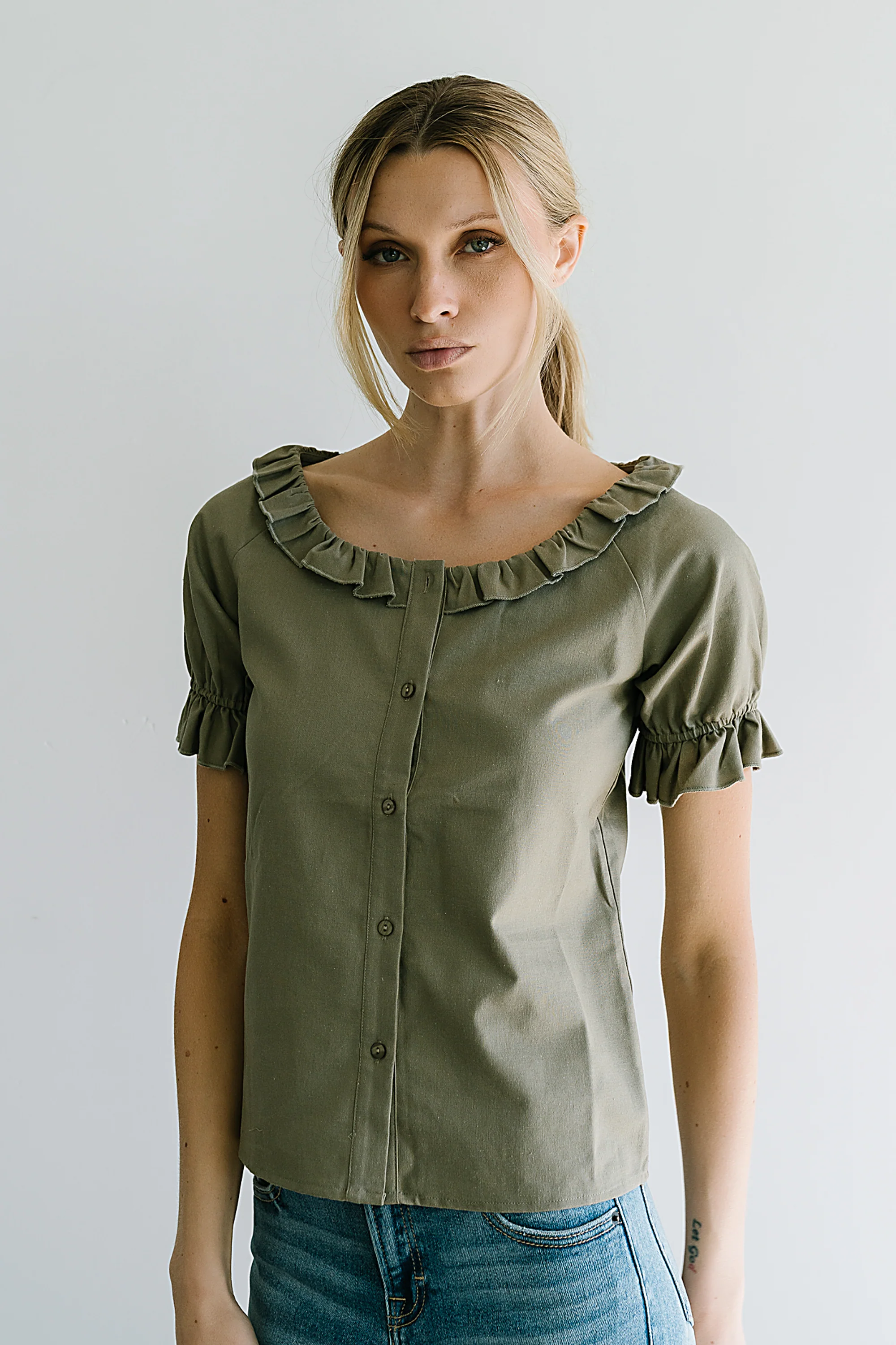 Connie Ruffle Blouse in Olive - FINAL SALE - Image 2
