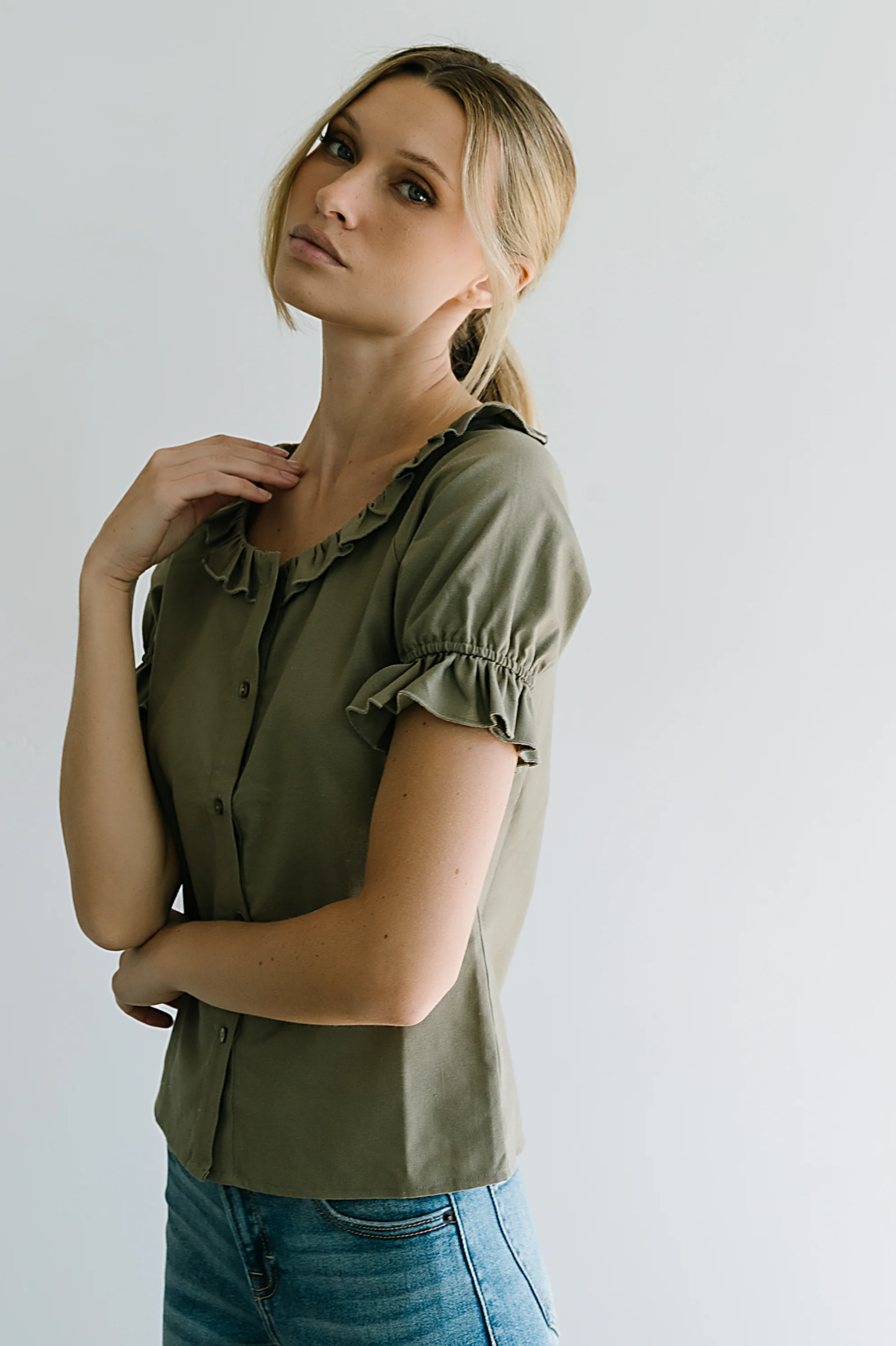 Connie Ruffle Blouse in Olive - FINAL SALE - Image 6