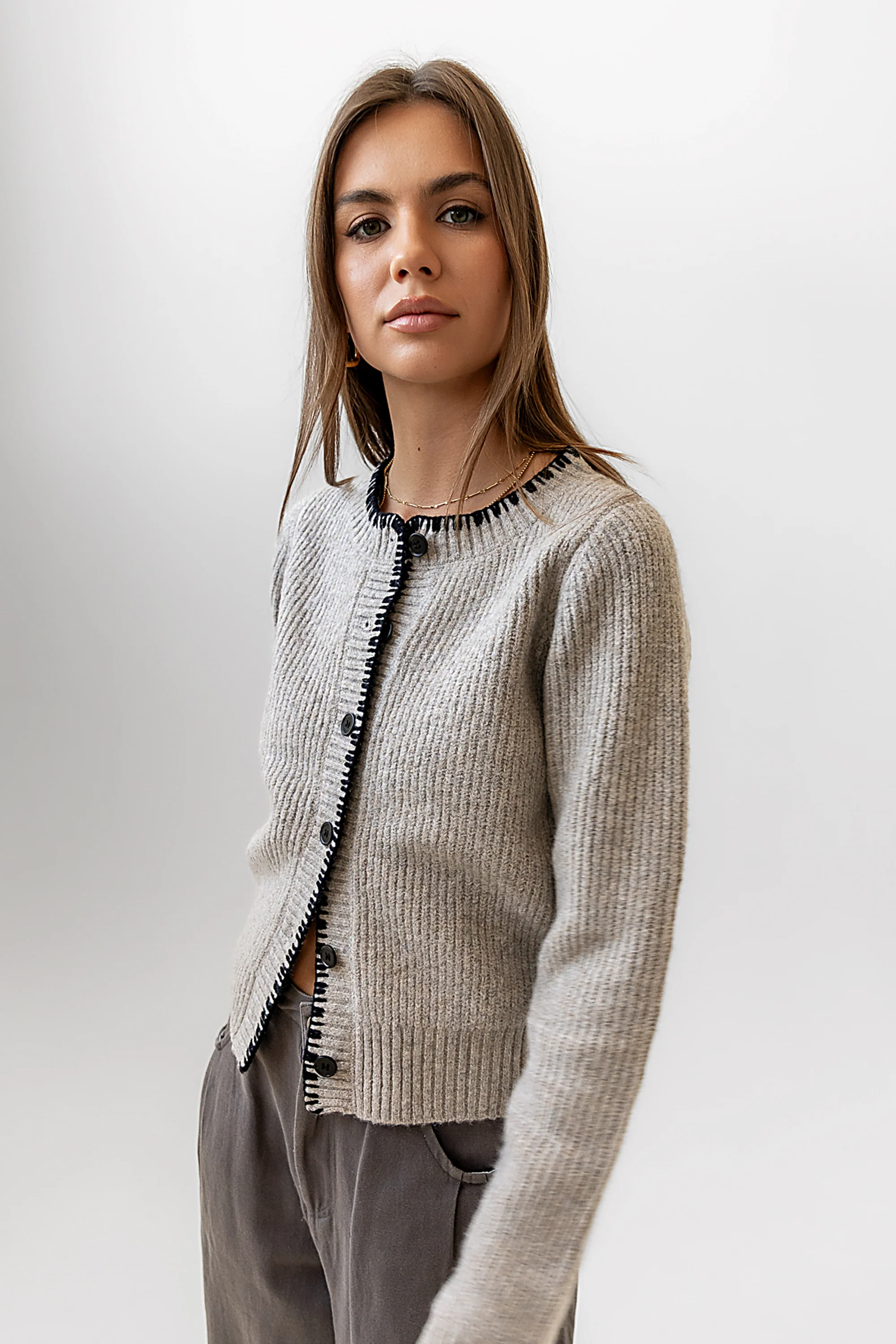 Darren Contrast Cardigan in Taupe - Image 7