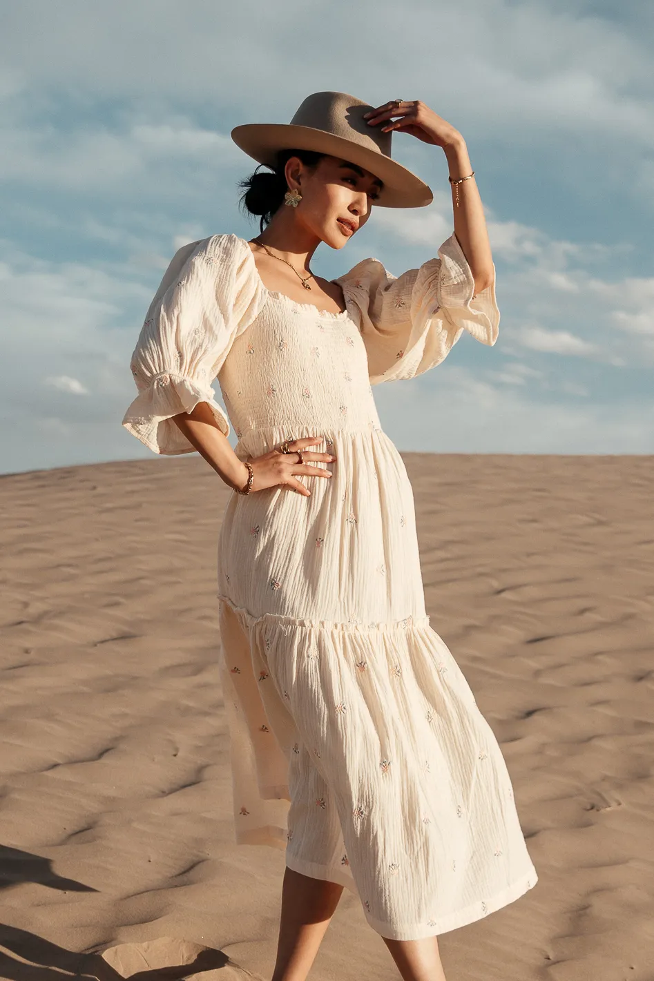 Ditsy Floral Embroidered Dress in Cream - FINAL SALE - Image 3