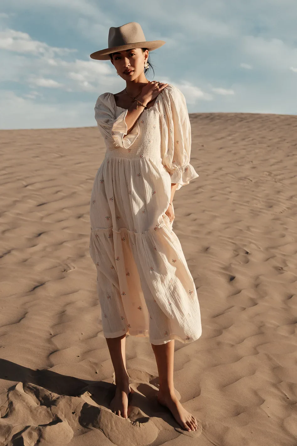 Ditsy Floral Embroidered Dress in Cream - FINAL SALE - Image 5