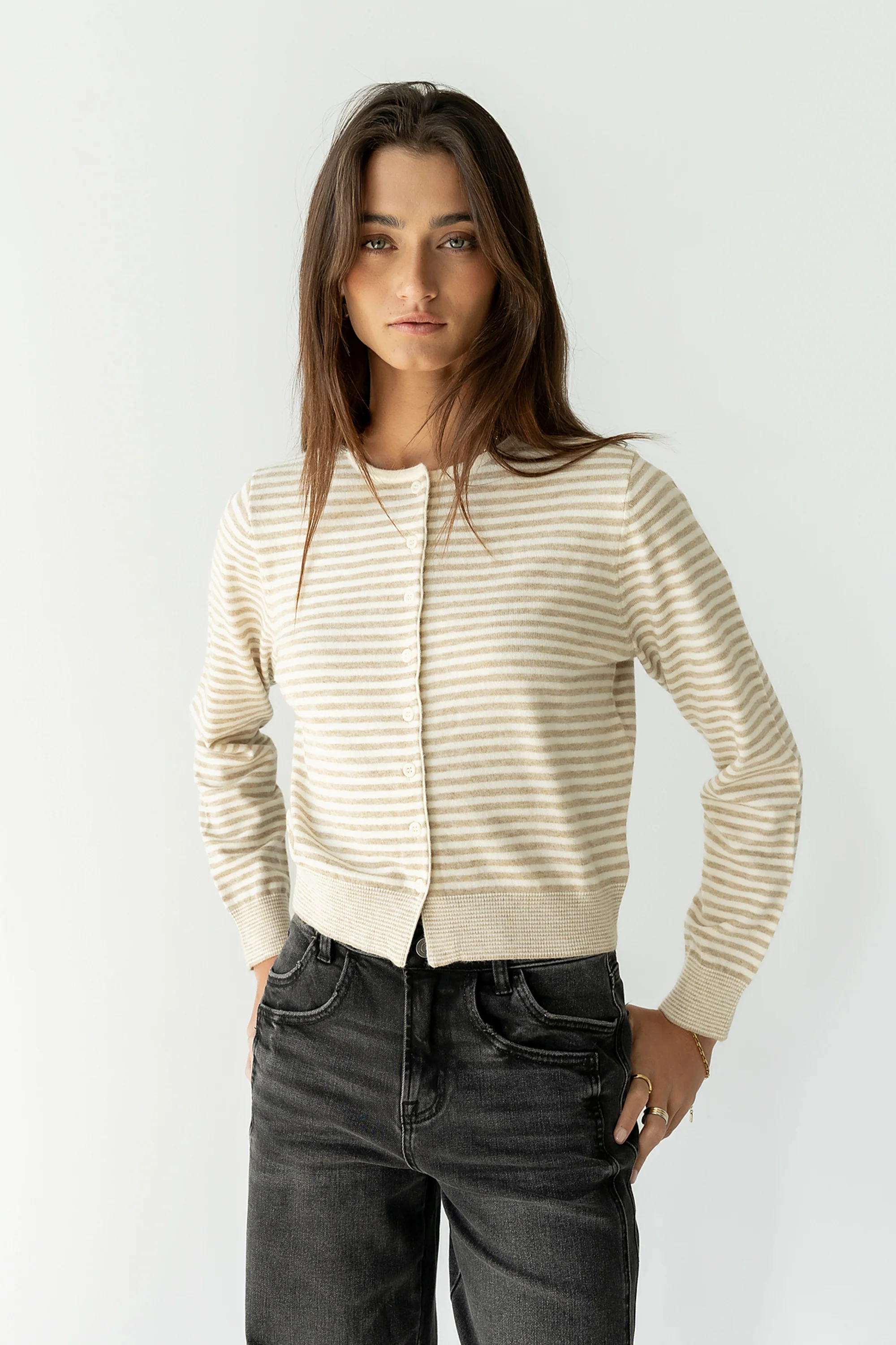 Edesse Striped Cardigan in Taupe - FINAL SALE
