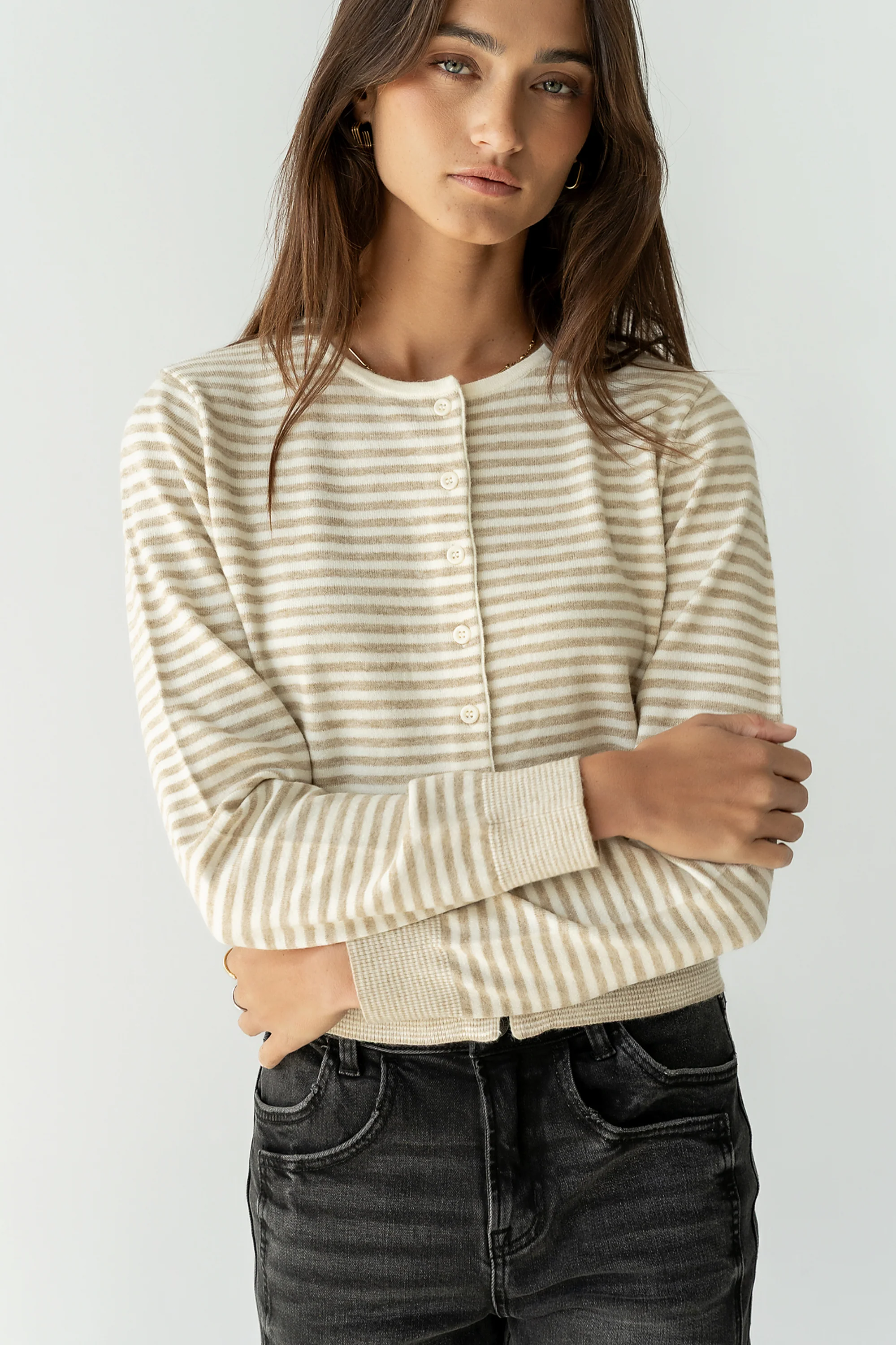 Edesse Striped Cardigan in Taupe - FINAL SALE - Image 2