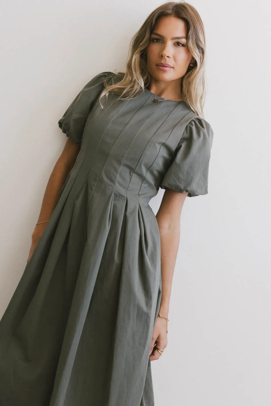 Eliana Pleated Midi Dress in Sage - FINAL SALE - Image 2