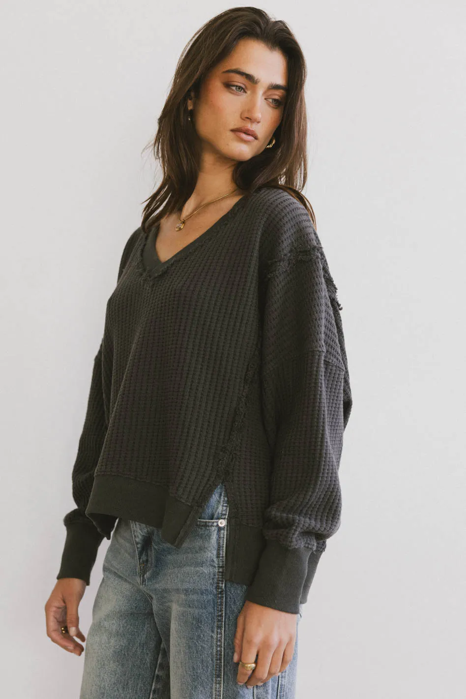 Ellis Waffle Knit Top in Charcoal - FINAL SALE - Image 5