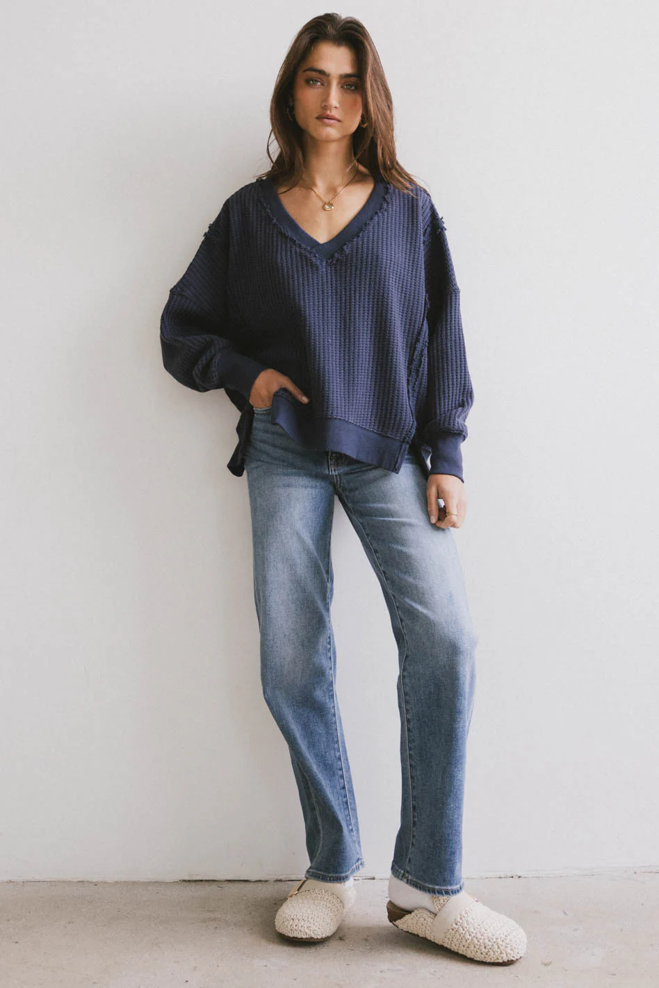 Ellis Waffle Knit Top in Navy - FINAL SALE - Image 3