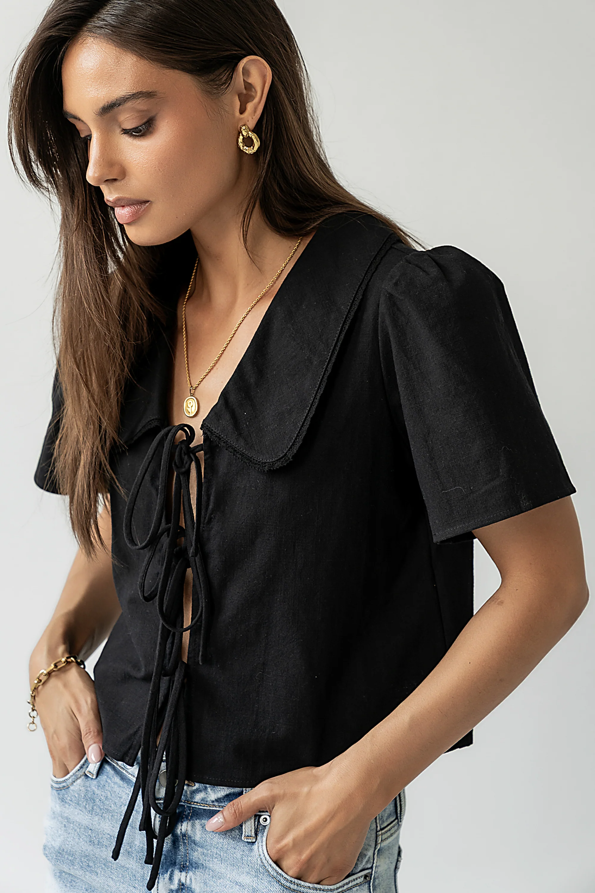 Ethan Tie Front Blouse in Black - FINAL SALE - Image 5