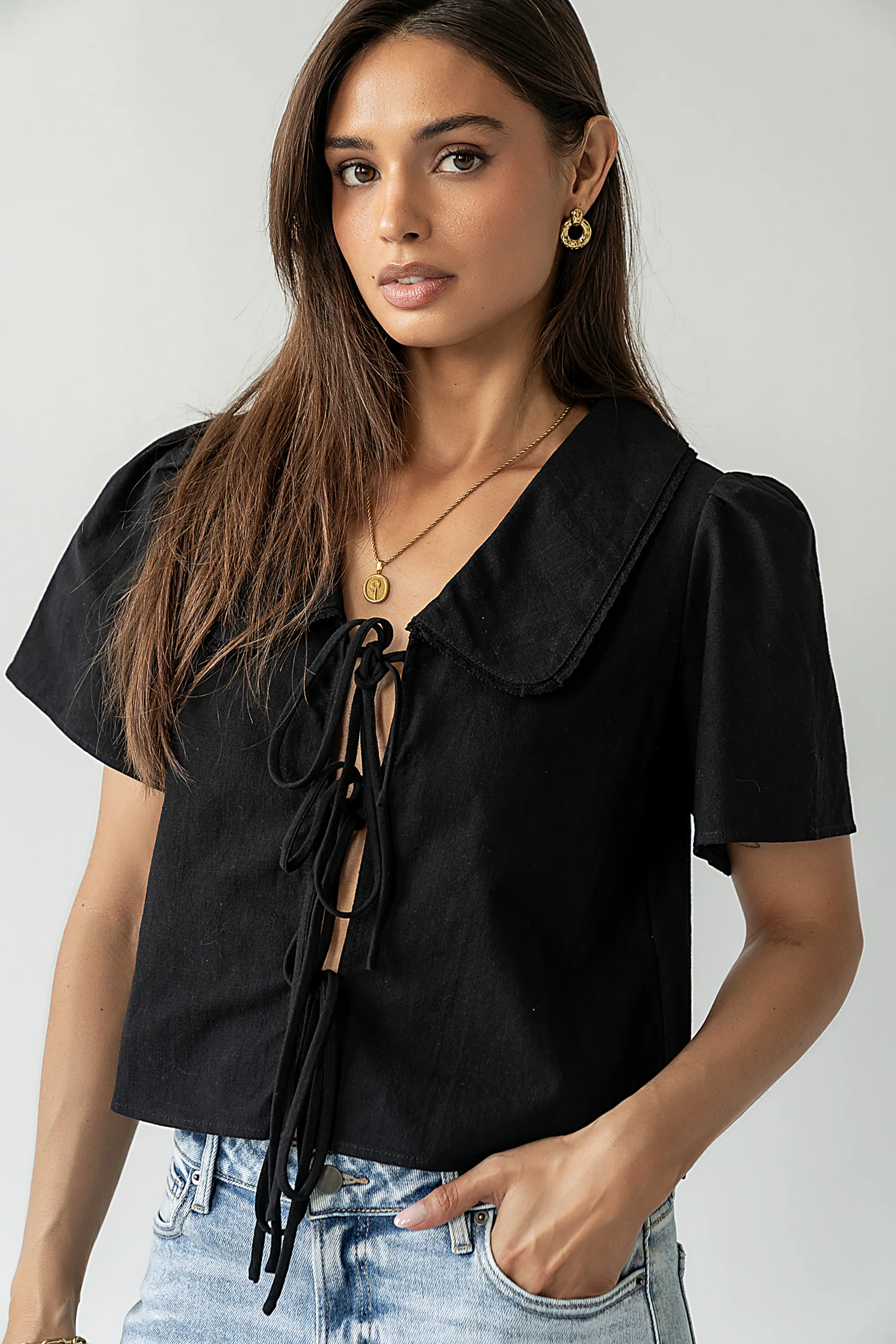 Ethan Tie Front Blouse in Black - FINAL SALE - Image 8