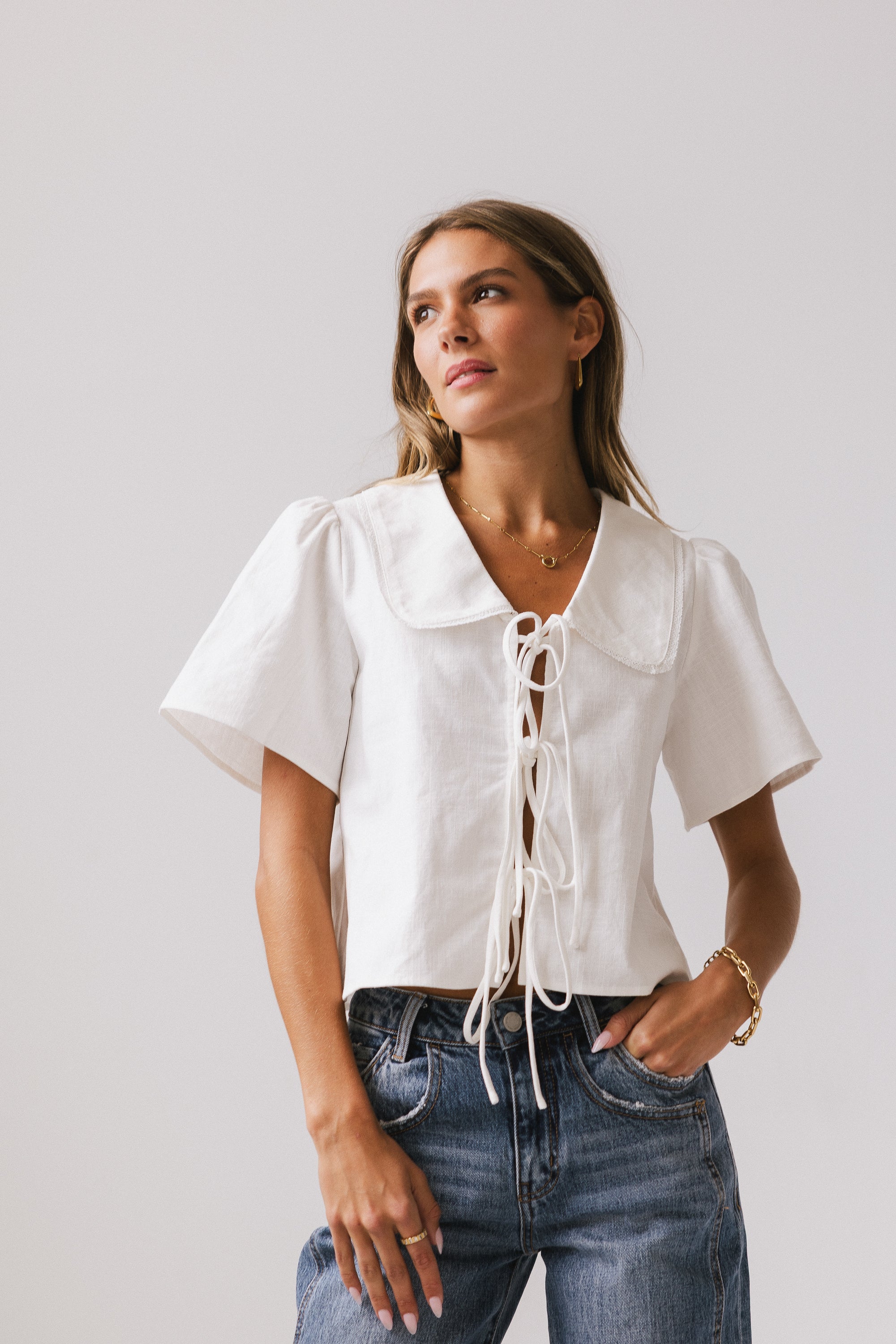 Ethan Tie Front Blouse in White - FINAL SALE - Image 3