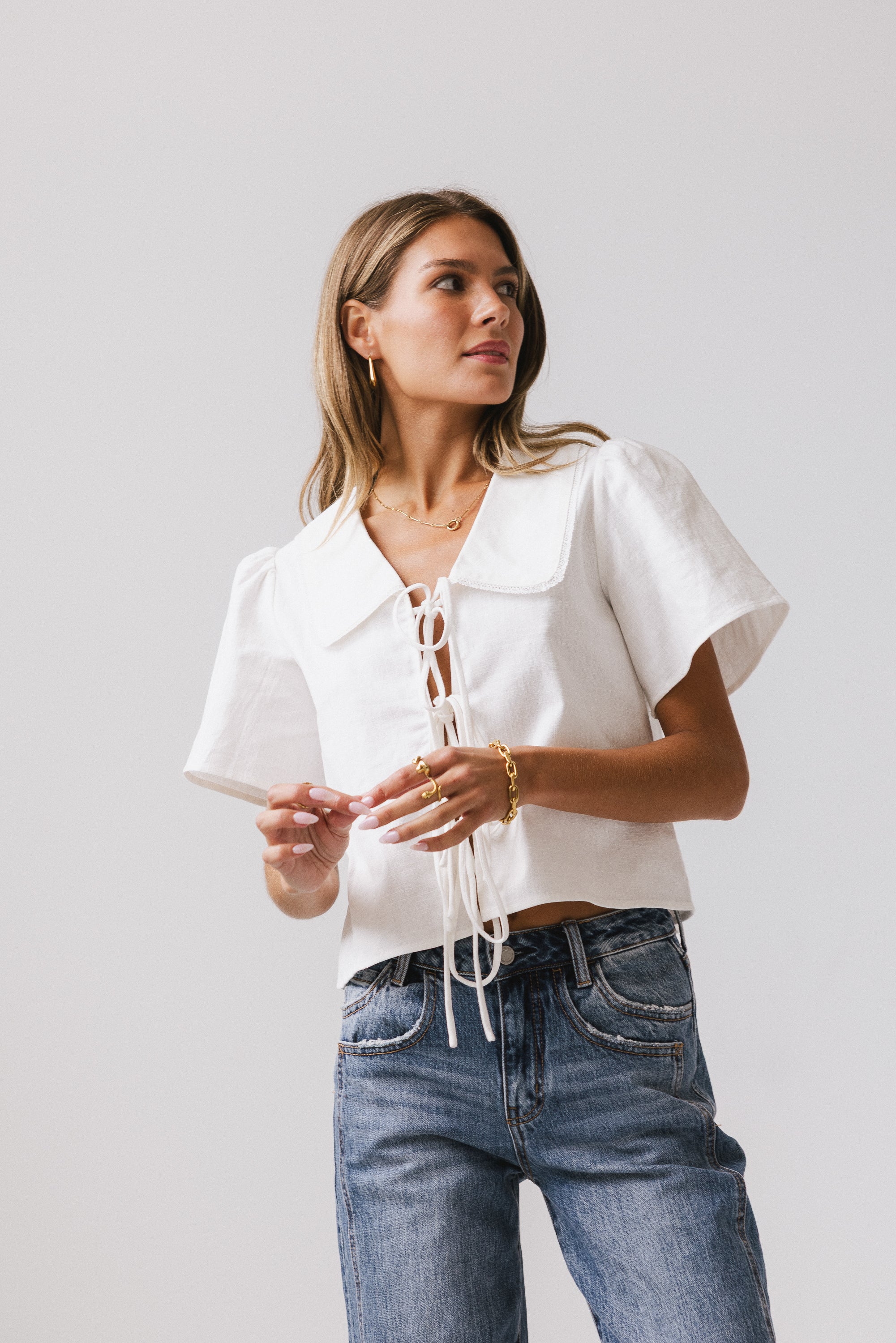 Ethan Tie Front Blouse in White - FINAL SALE - Image 5
