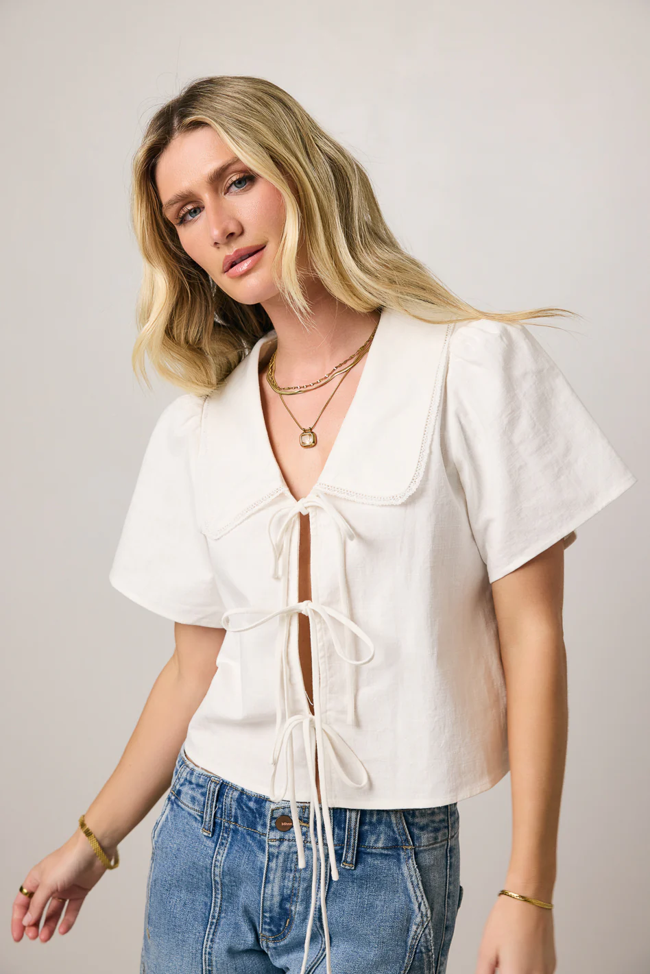 Ethan Tie Front Blouse in White - FINAL SALE - Image 8