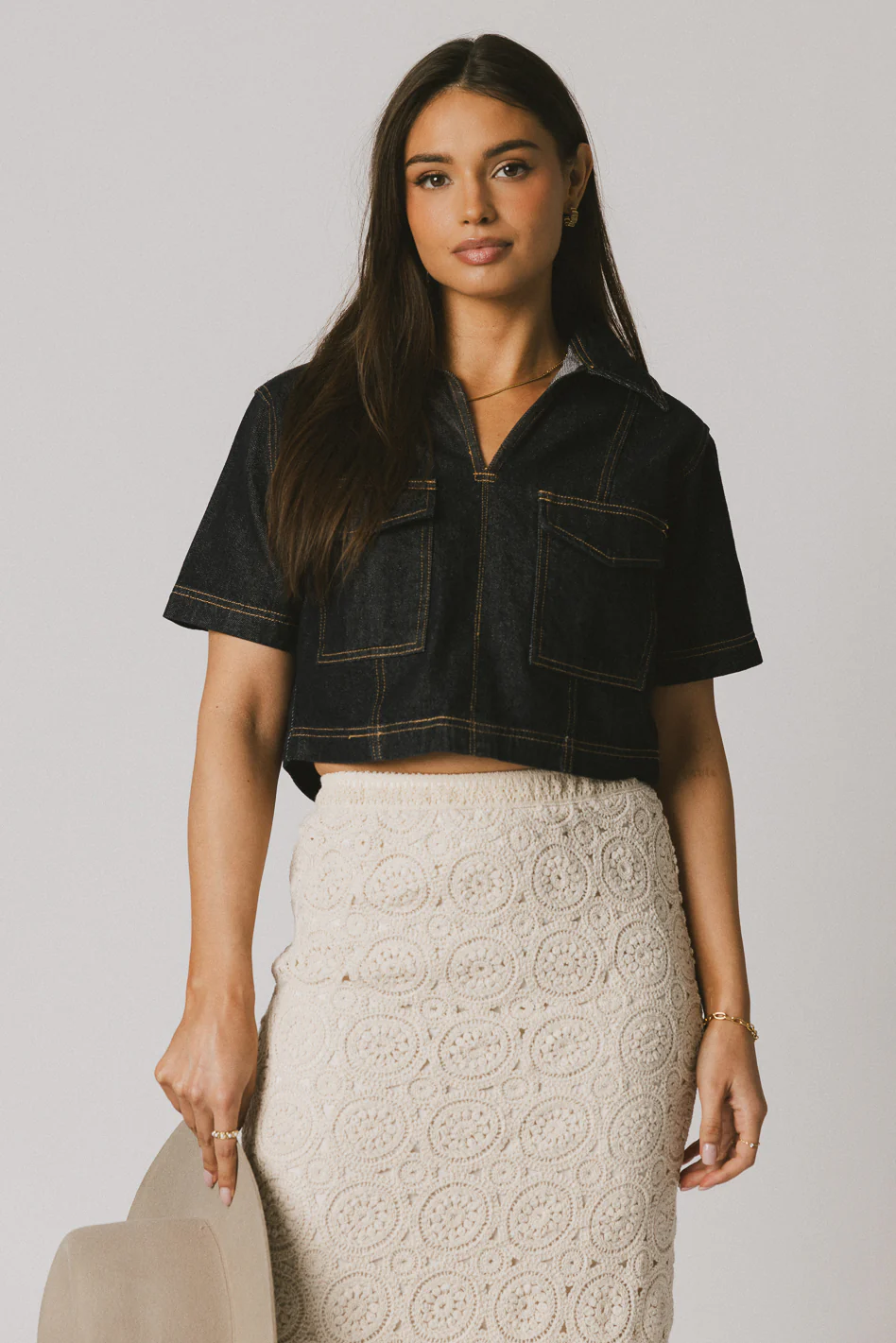 Farris Denim Collared Top in Dark Wash - FINAL SALE - Image 2